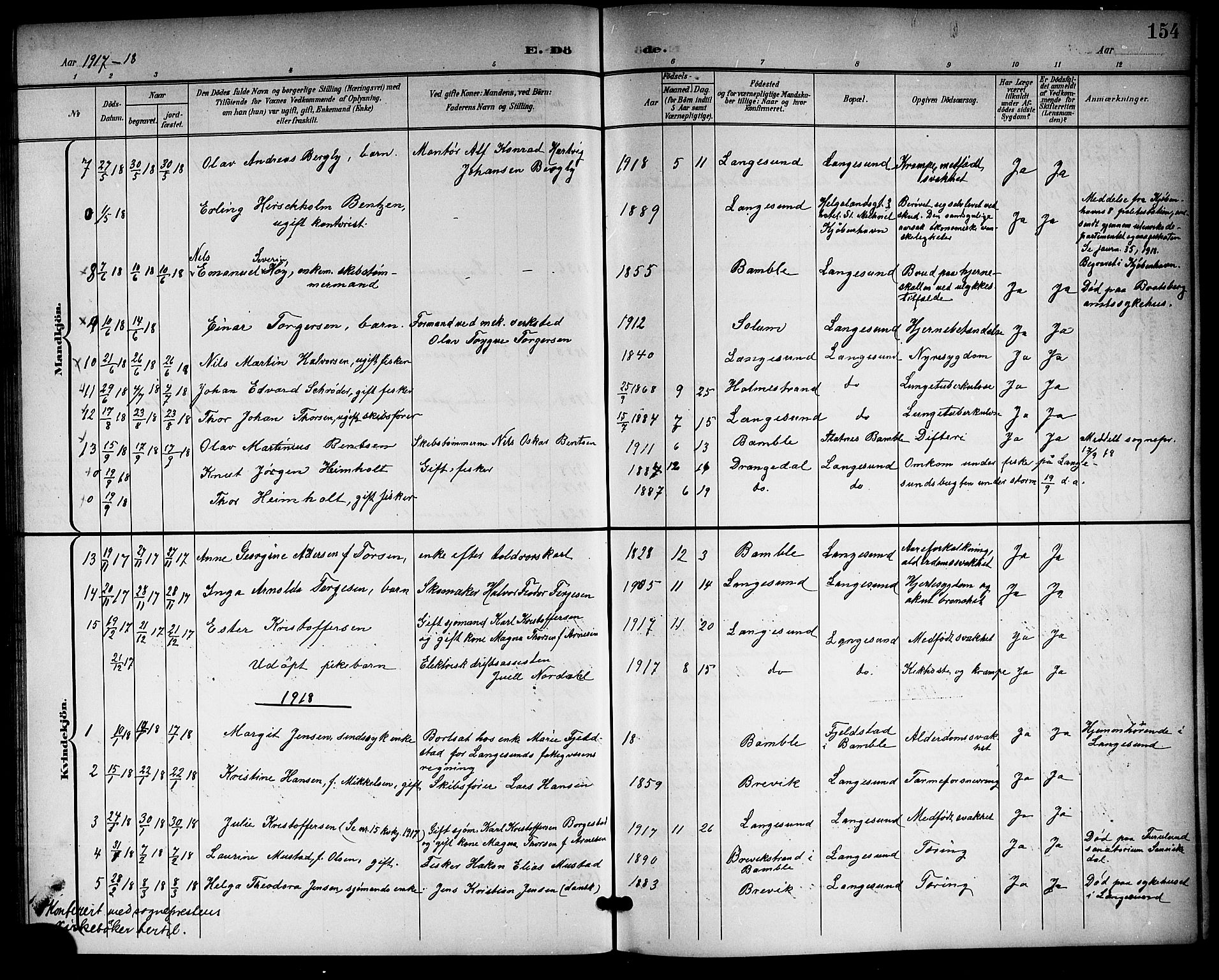 Langesund kirkebøker, SAKO/A-280/G/Ga/L0006: Parish register (copy) no. 6, 1899-1918, p. 154