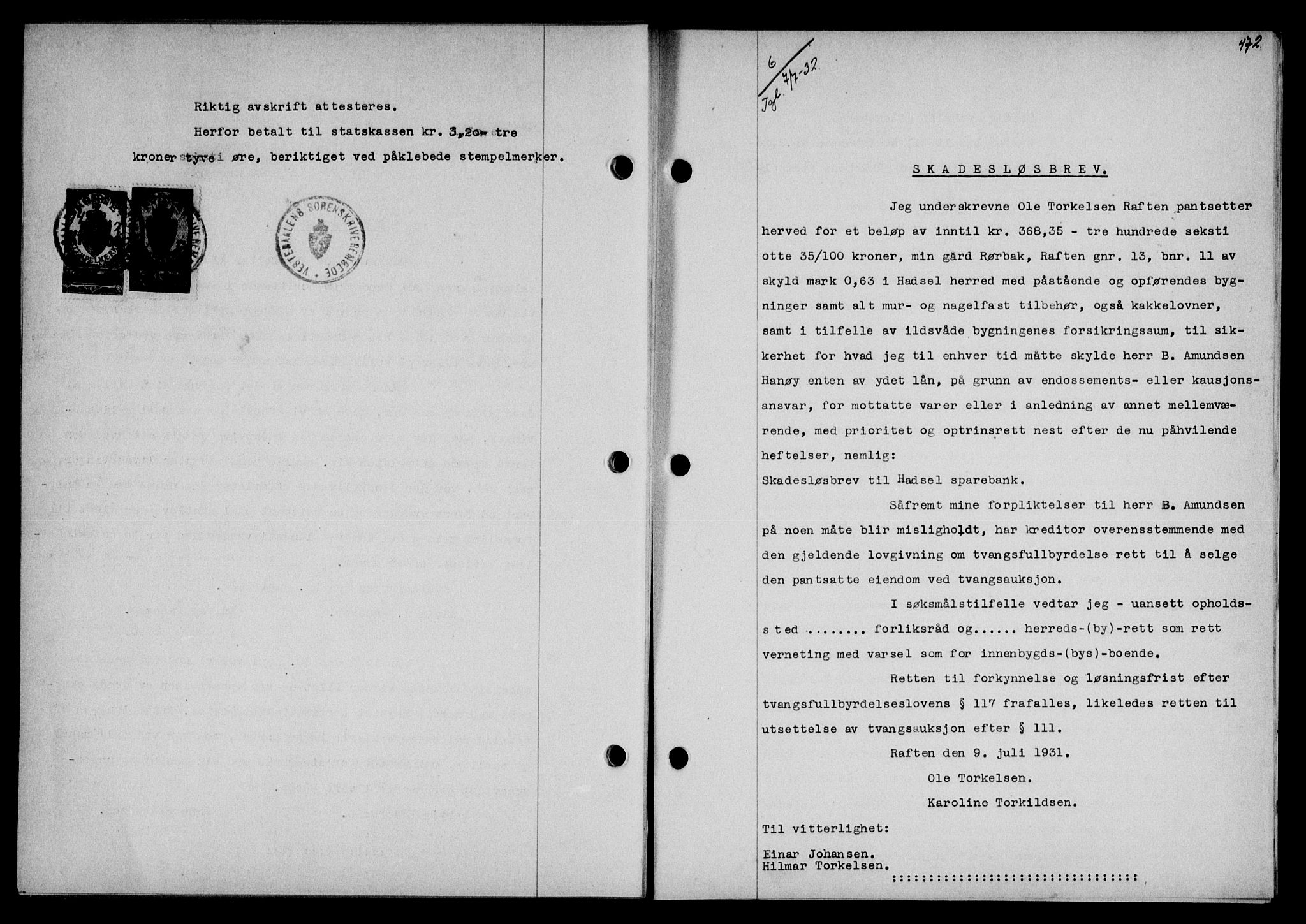Vesterålen sorenskriveri, SAT/A-4180/1/2/2Ca/L0055: Mortgage book no. 48, 1932-1932, Deed date: 07.07.1932