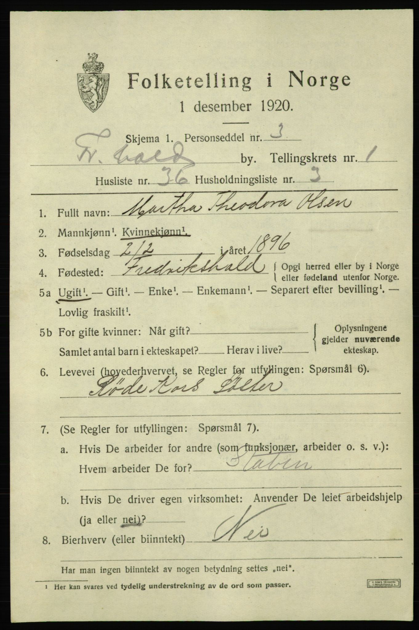 SAO, 1920 census for Fredrikshald, 1920, p. 8787