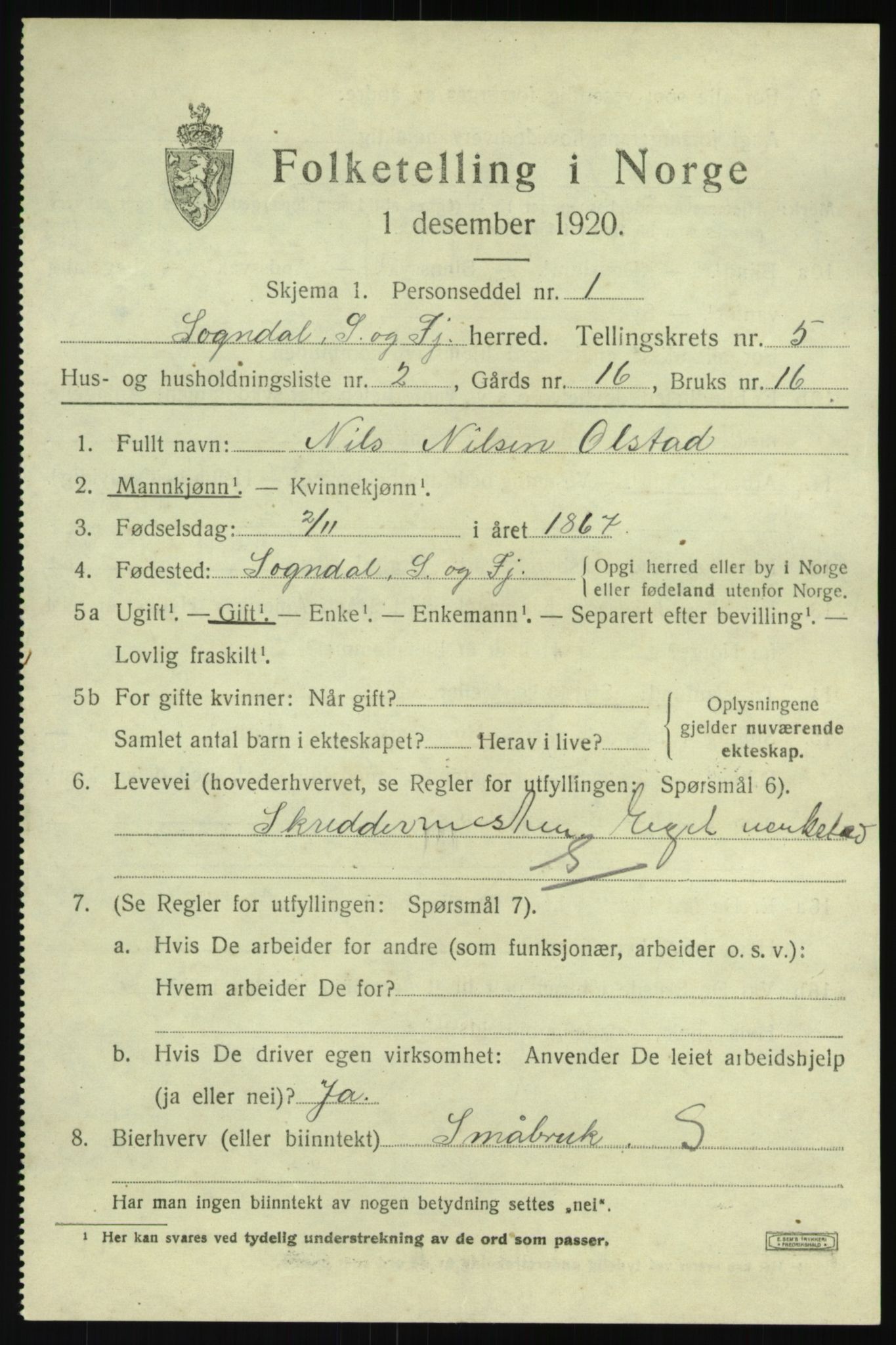 SAB, 1920 census for Sogndal, 1920, p. 2647