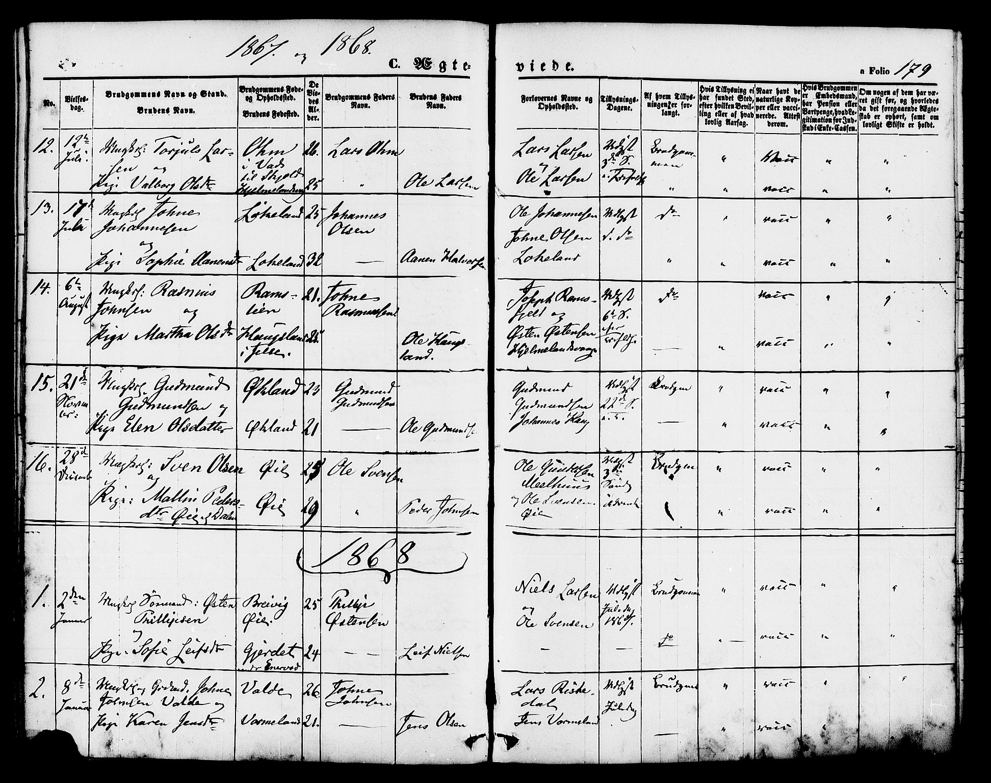 Hjelmeland sokneprestkontor, SAST/A-101843/01/IV/L0011: Parish register (official) no. A 11, 1861-1878, p. 179