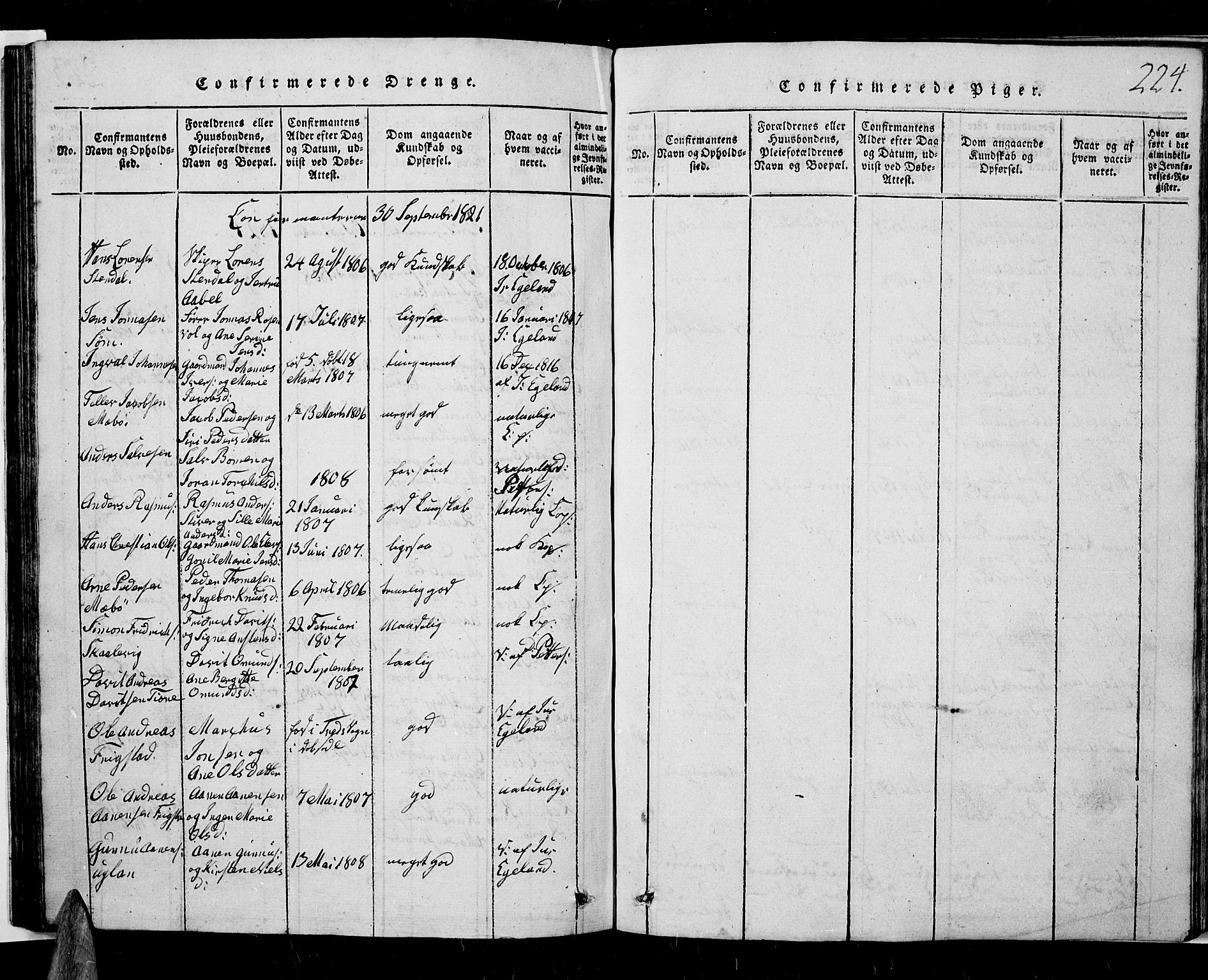 Oddernes sokneprestkontor, AV/SAK-1111-0033/F/Fb/Fba/L0003: Parish register (copy) no. B 3, 1820-1838, p. 224