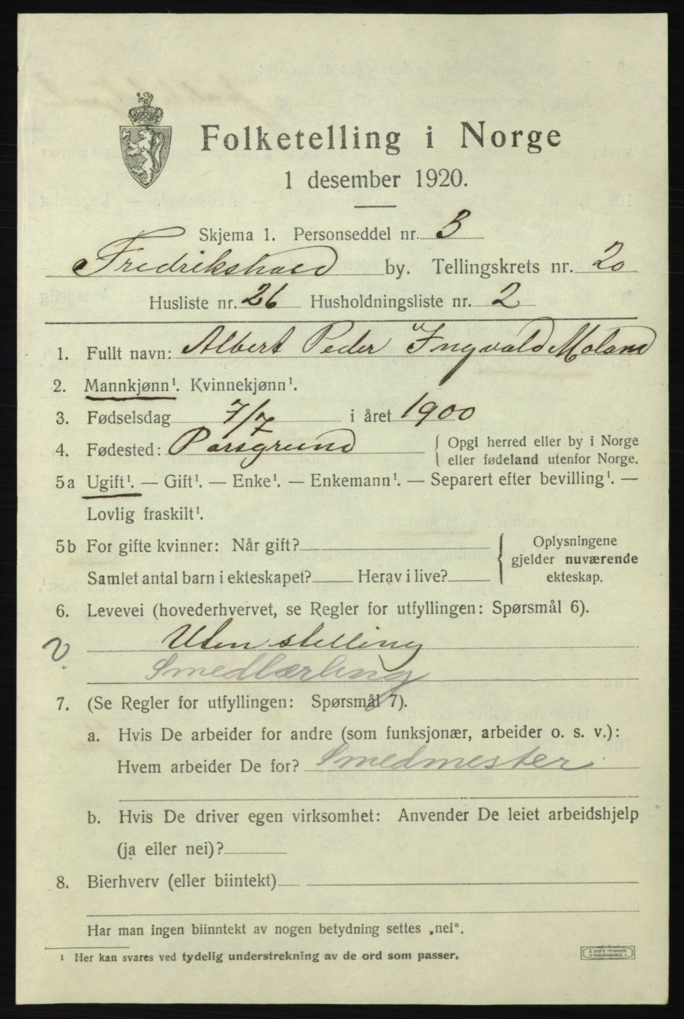 SAO, 1920 census for Fredrikshald, 1920, p. 29740