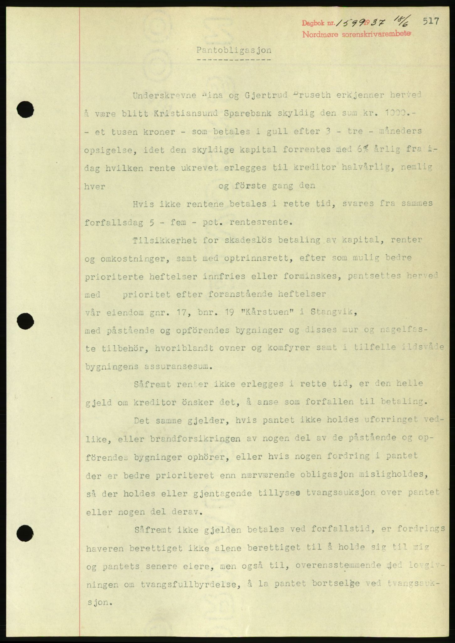 Nordmøre sorenskriveri, AV/SAT-A-4132/1/2/2Ca/L0091: Mortgage book no. B81, 1937-1937, Diary no: : 1599/1937