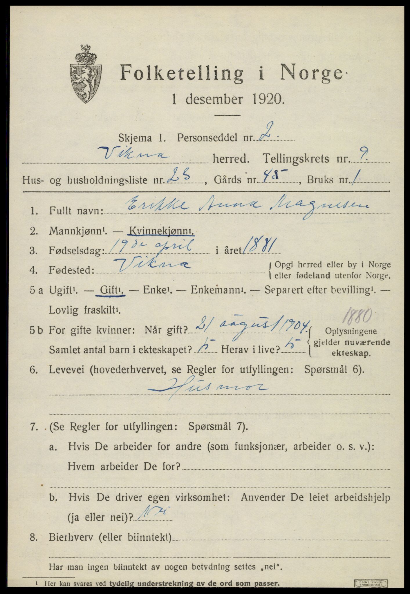 SAT, 1920 census for Vikna, 1920, p. 6667