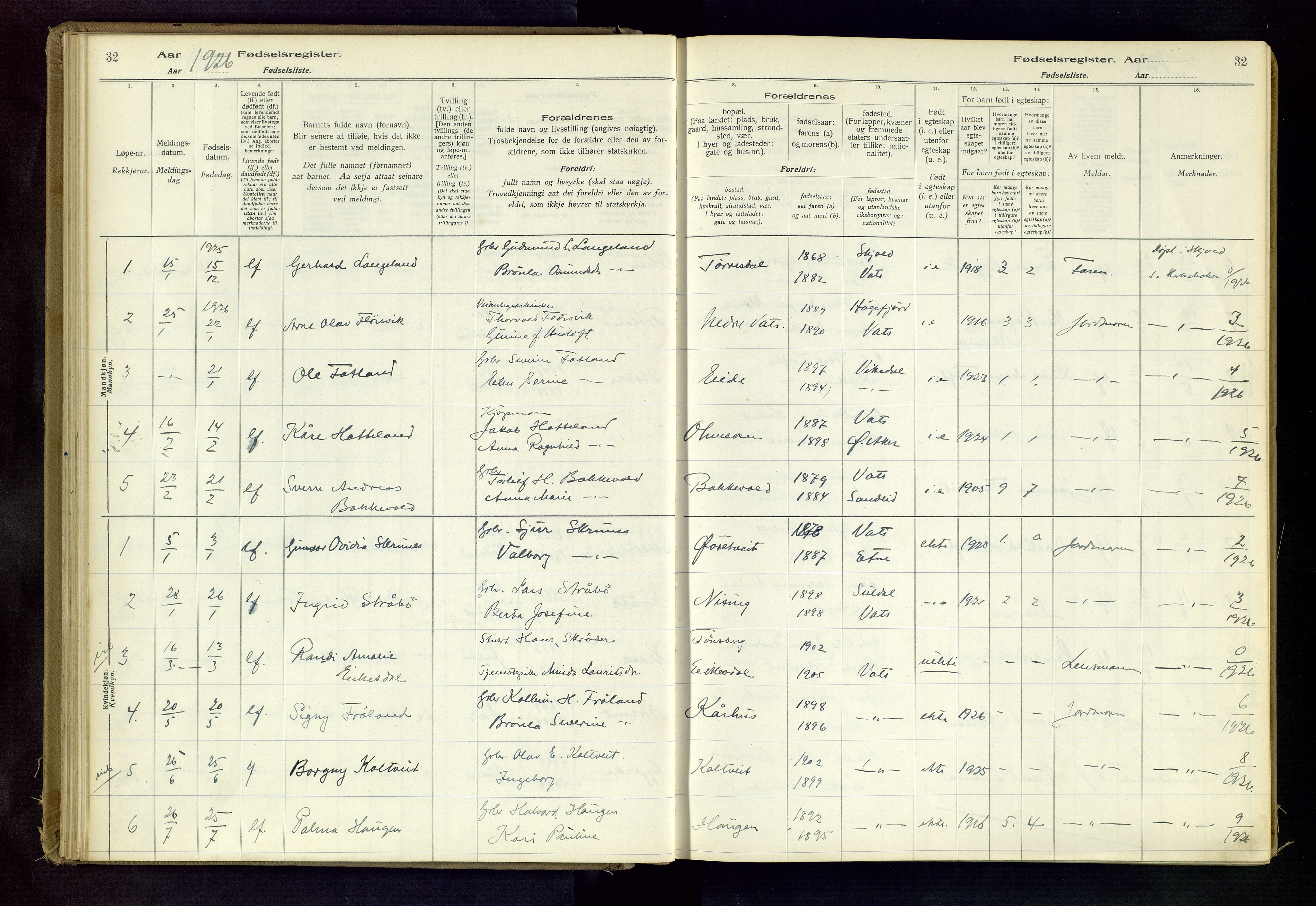 Skjold sokneprestkontor, AV/SAST-A-101847/I/Id/L0003: Birth register no. 3, 1917-1982, p. 32