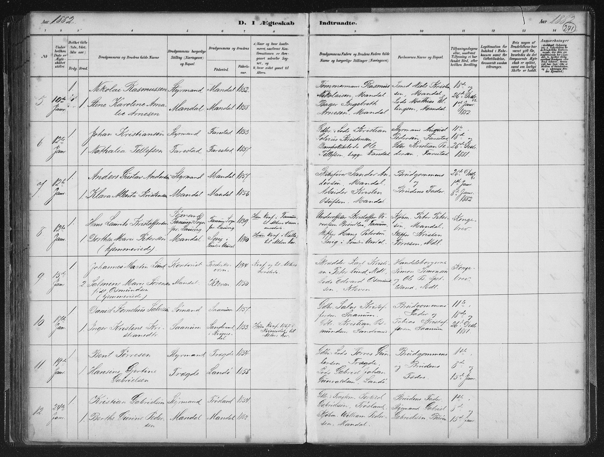 Mandal sokneprestkontor, AV/SAK-1111-0030/F/Fb/Fba/L0011: Parish register (copy) no. B 5, 1880-1898, p. 271