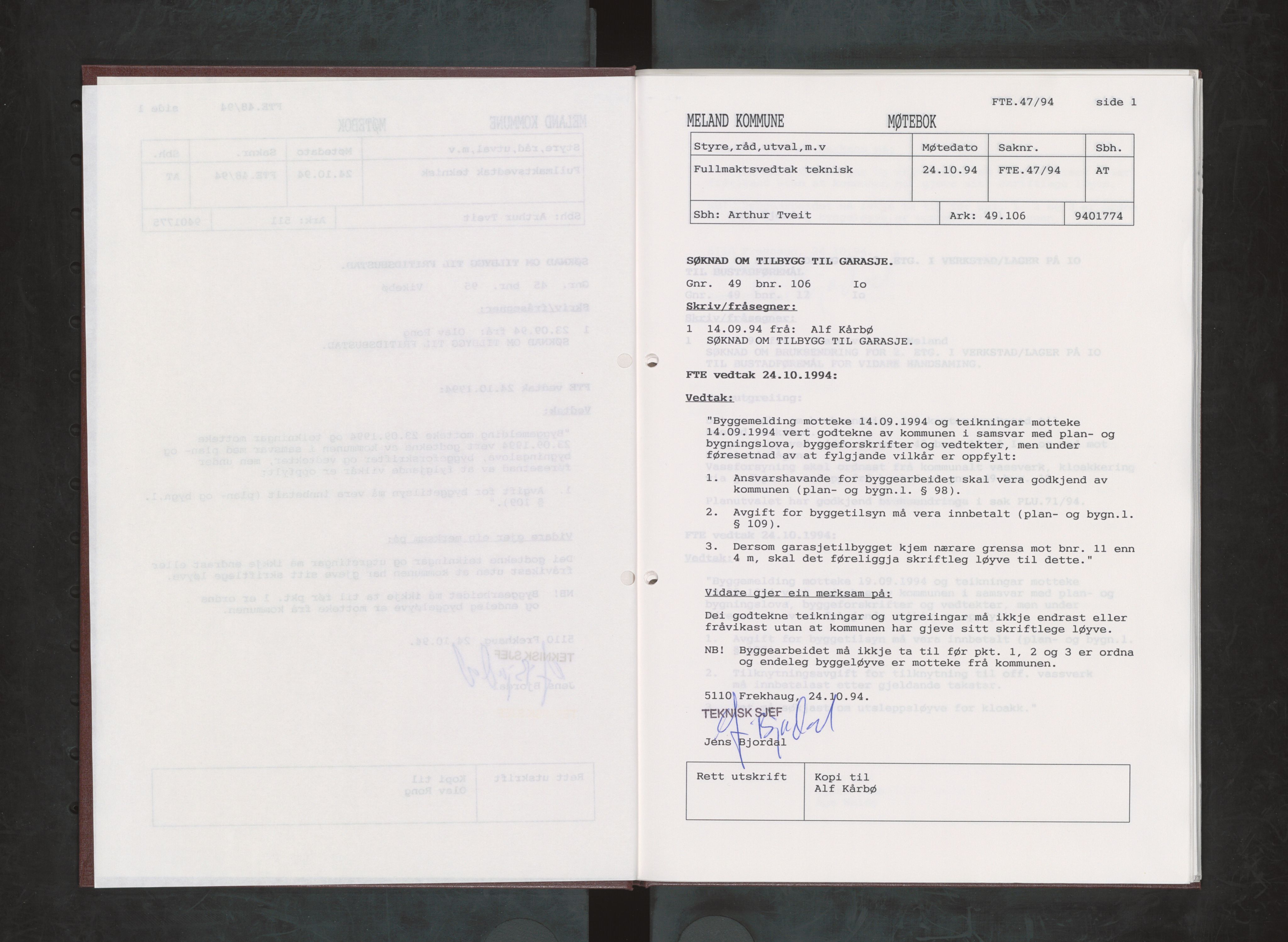 Meland kommune. Bygningsrådet , IKAH/1256-511/A/Ab/L0004: Møtebok fullmaktsvedtak bygningsrådet, 1994