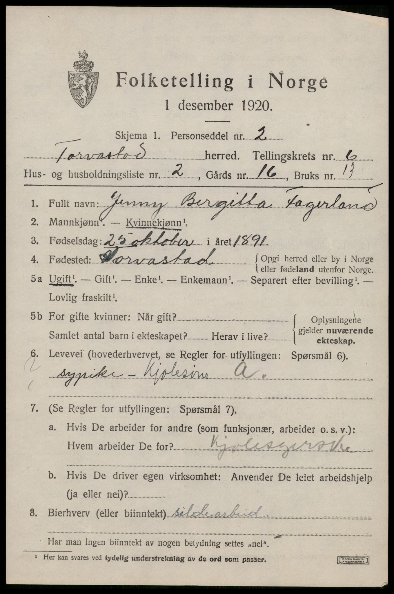 SAST, 1920 census for Torvastad, 1920, p. 4920