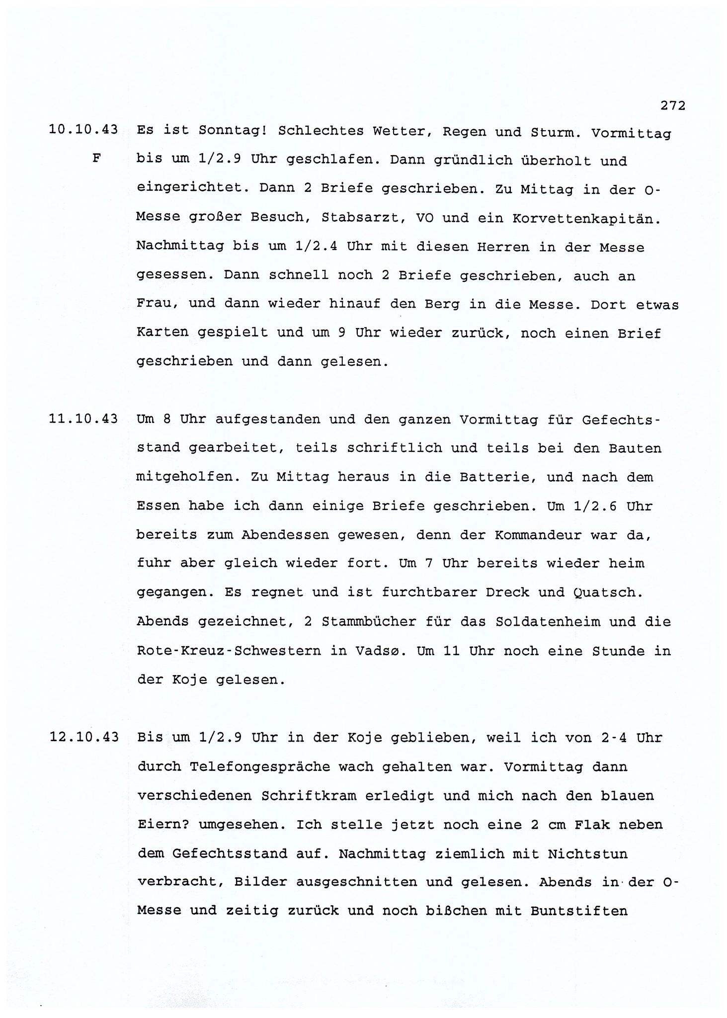 Dagbokopptegnelser av en tysk marineoffiser stasjonert i Norge , FMFB/A-1160/F/L0001: Dagbokopptegnelser av en tysk marineoffiser stasjonert i Norge, 1941-1944, p. 272