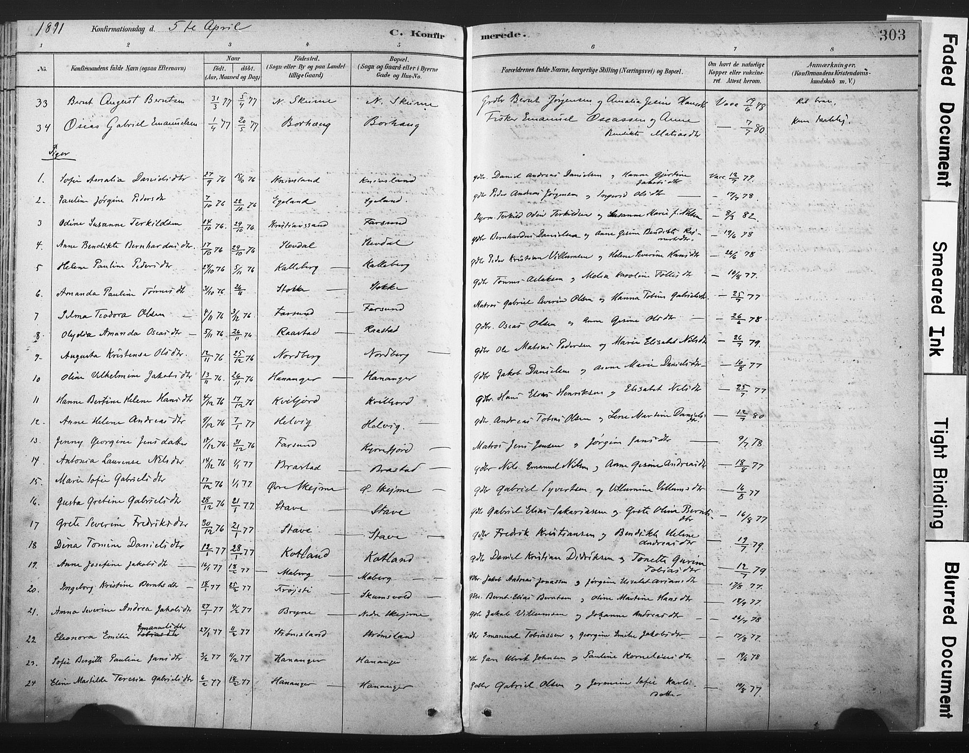 Lista sokneprestkontor, AV/SAK-1111-0027/F/Fa/L0012: Parish register (official) no. A 12, 1879-1903, p. 303