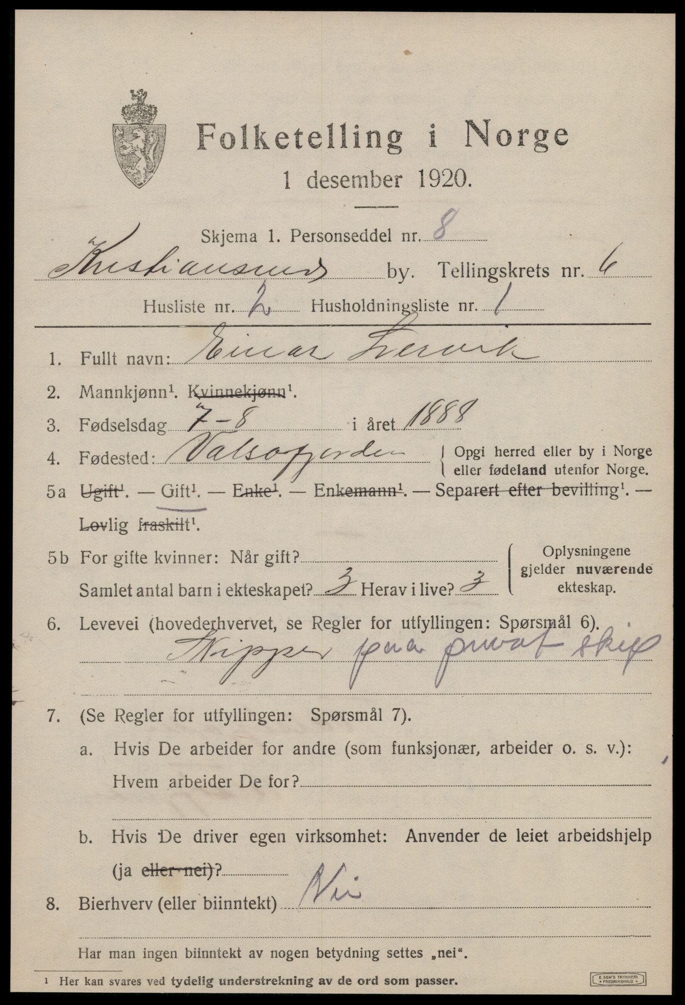 SAT, 1920 census for Kristiansund, 1920, p. 17051