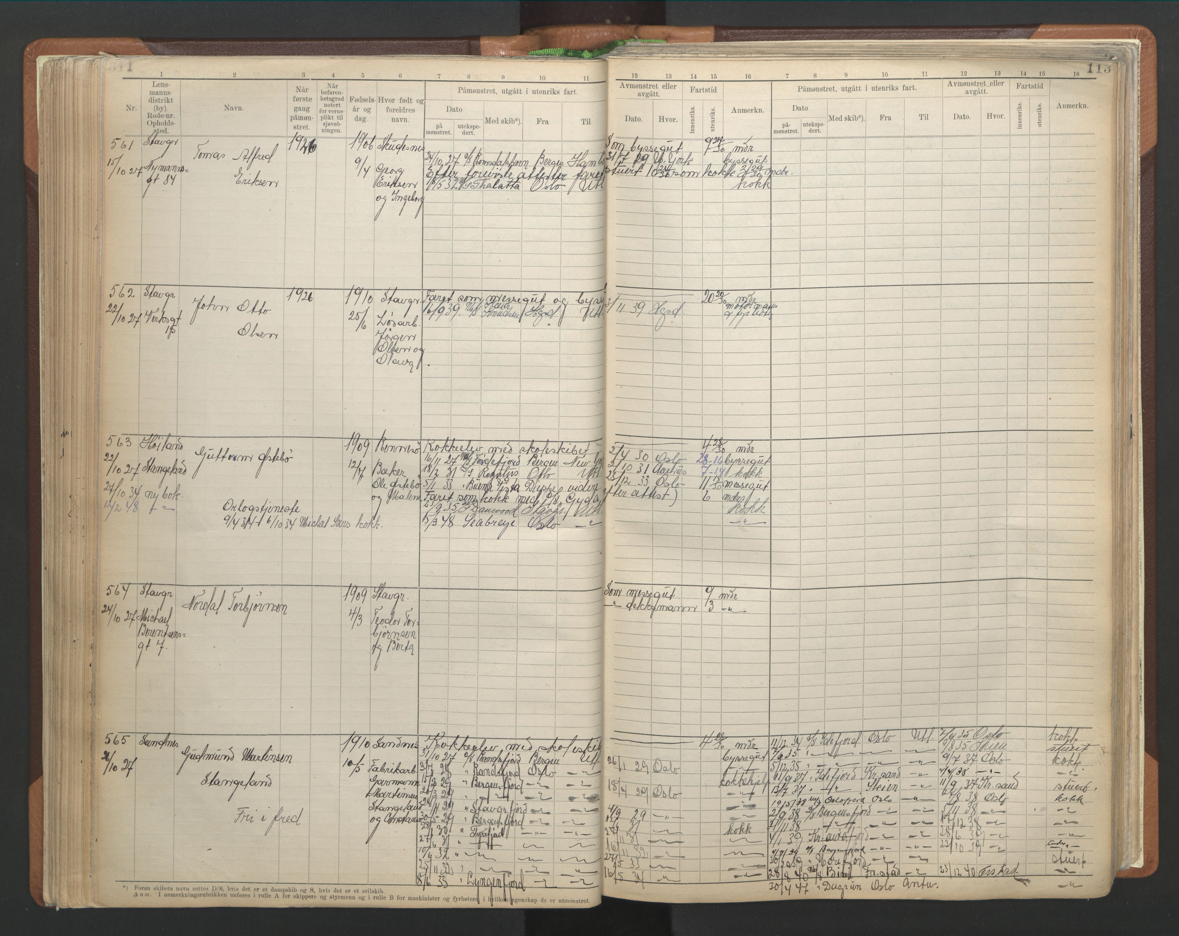 Stavanger sjømannskontor, AV/SAST-A-102006/F/Fb/Fbb/L0013: Sjøfartshovedrulle A, patentnr. 1-1495 (del 1), 1921-1933, p. 119