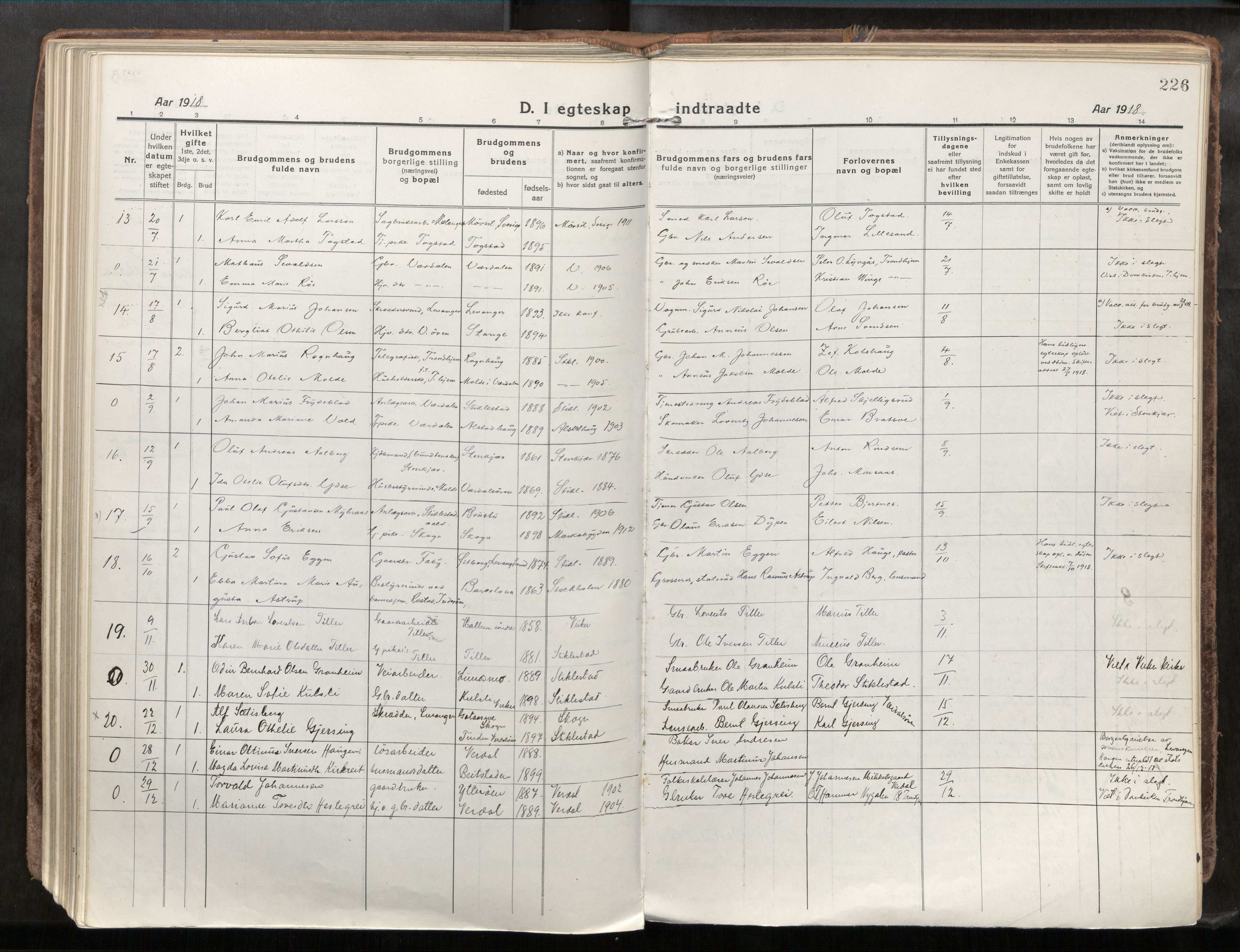 Verdal sokneprestkontor, SAT/A-1156/2/H/Haa/L0001: Parish register (official) no. 1, 1917-1932, p. 226