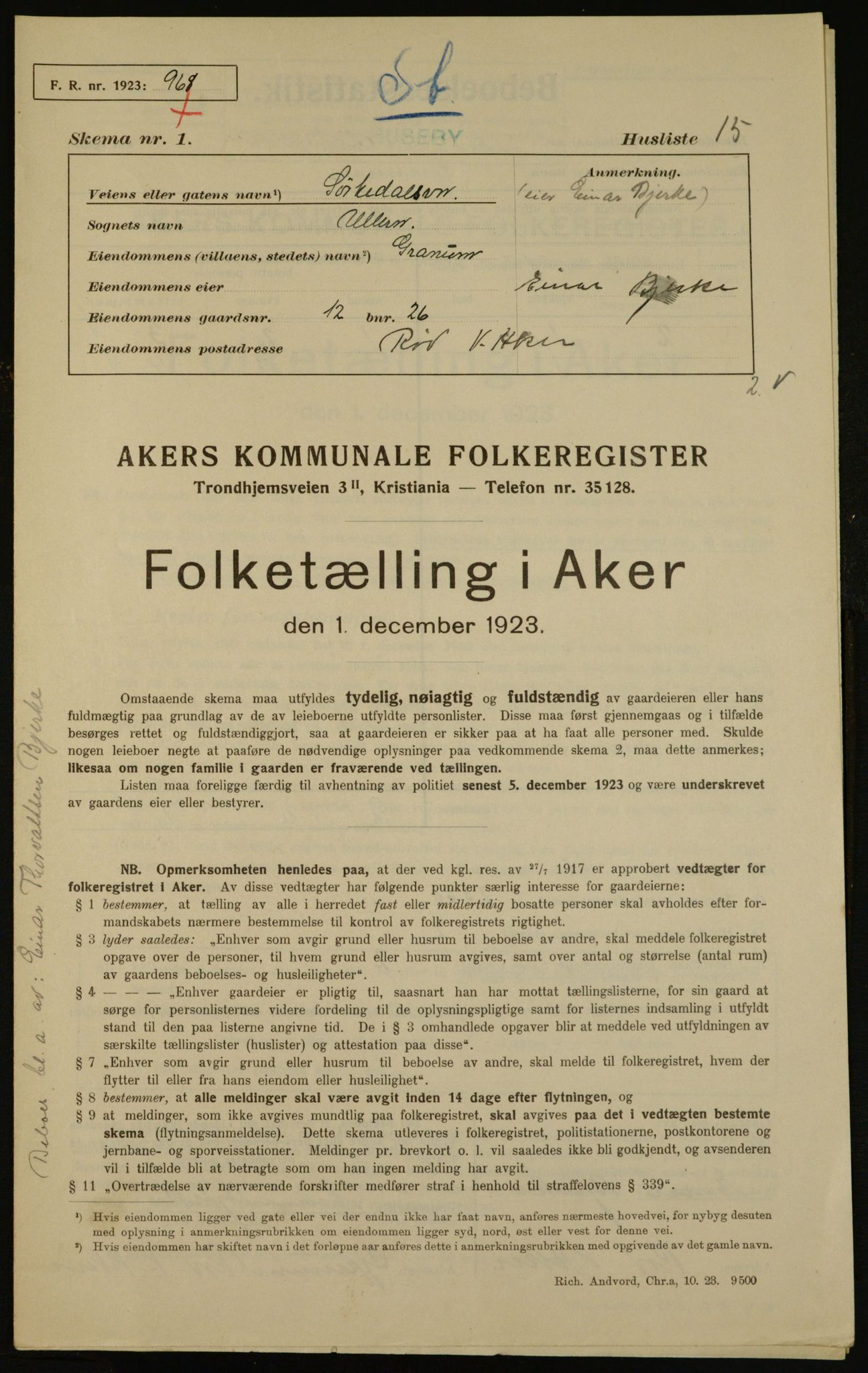 , Municipal Census 1923 for Aker, 1923, p. 5950