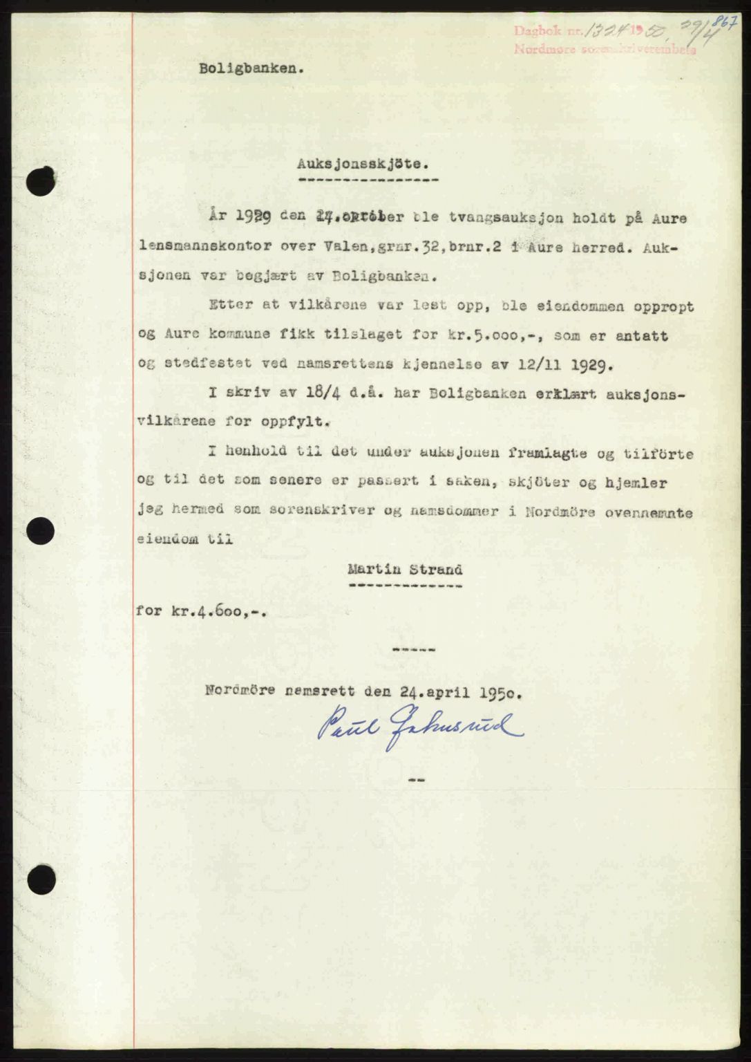 Nordmøre sorenskriveri, AV/SAT-A-4132/1/2/2Ca: Mortgage book no. A114, 1950-1950, Diary no: : 1324/1950