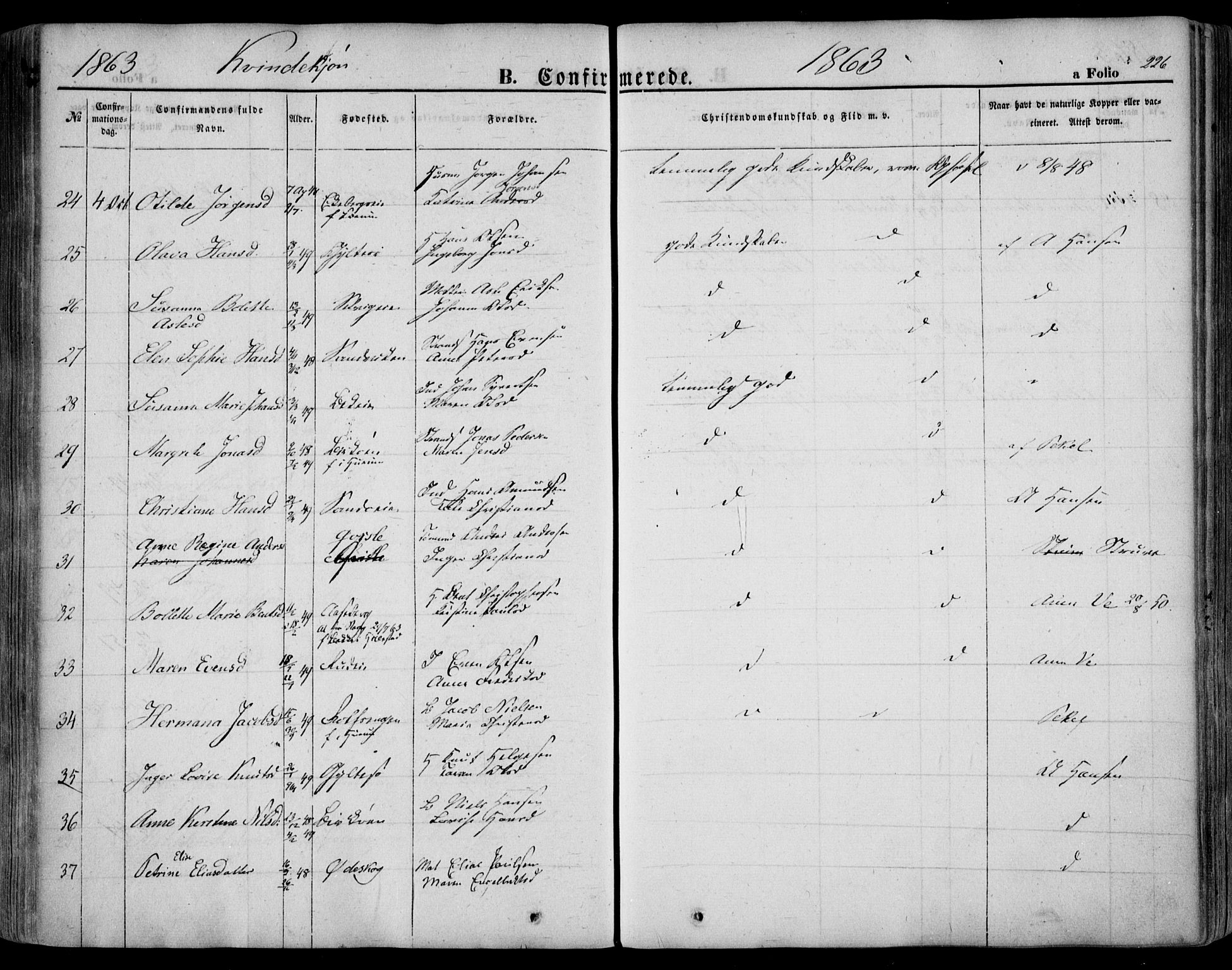 Sande Kirkebøker, SAKO/A-53/F/Fa/L0004: Parish register (official) no. 4, 1847-1864, p. 226