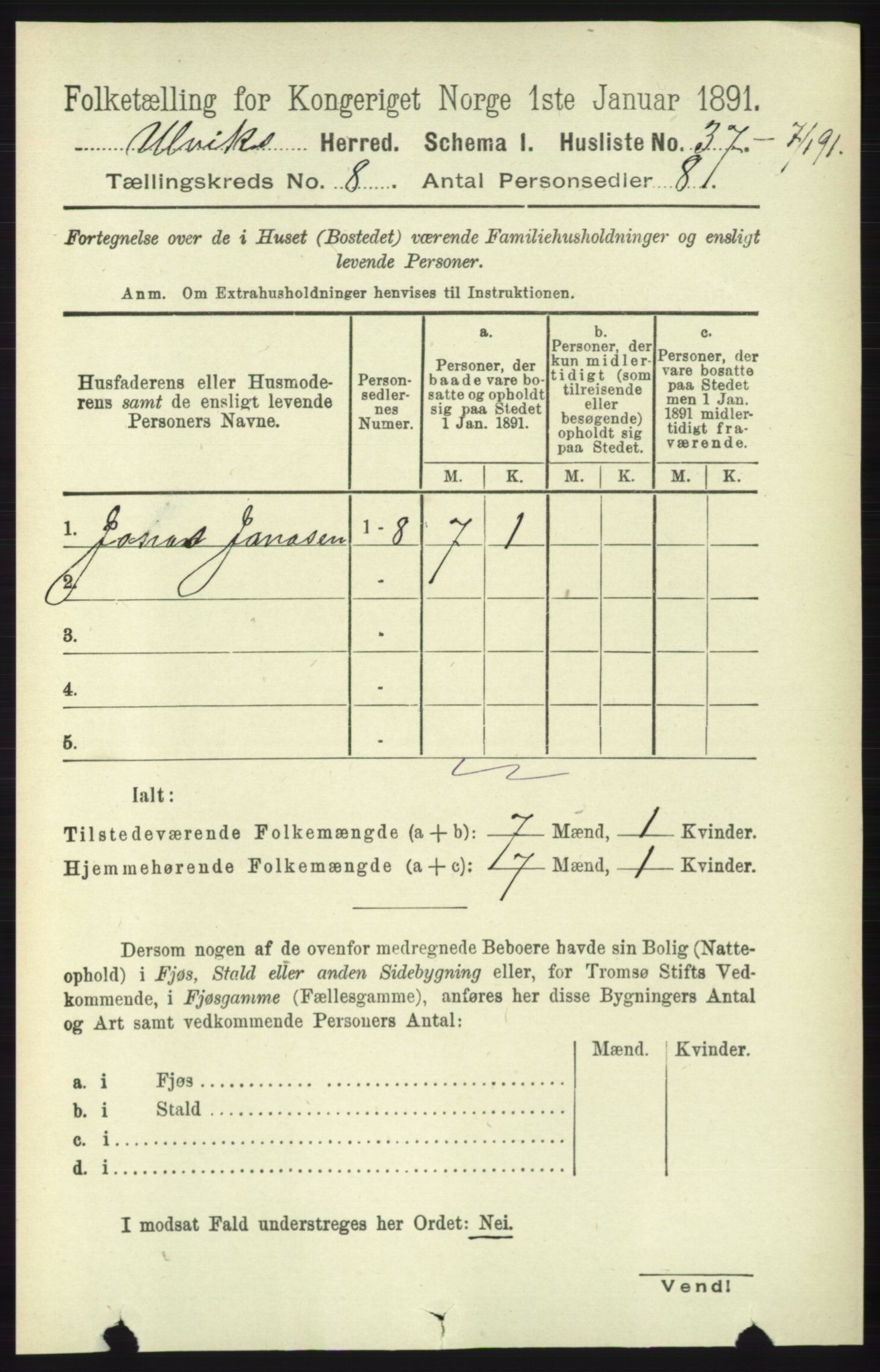 RA, 1891 census for 1233 Ulvik, 1891, p. 2567