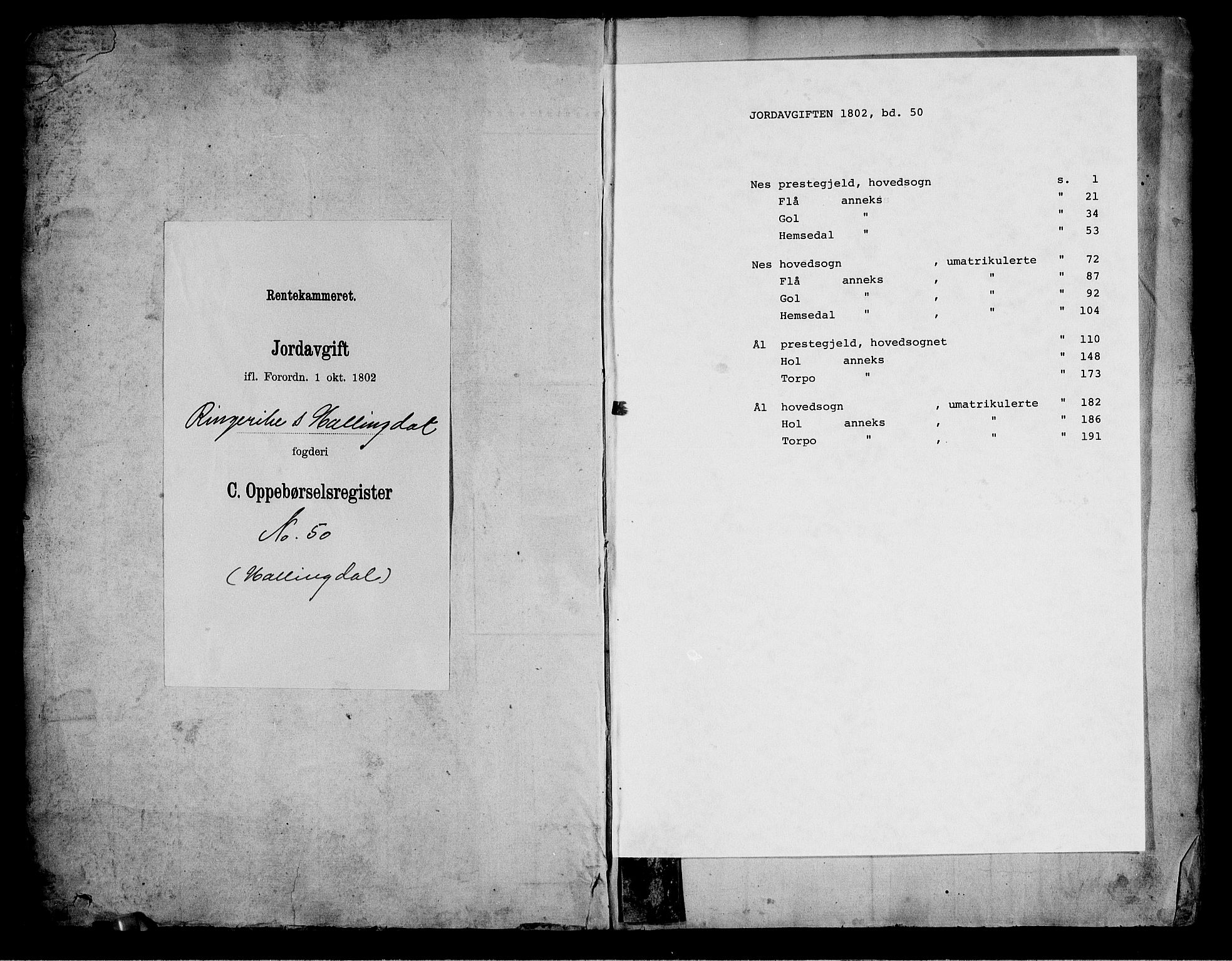 Rentekammeret inntil 1814, Realistisk ordnet avdeling, RA/EA-4070/N/Ne/Nea/L0050: Ringerike og Hallingdal fogderi. Oppebørselsregister for Hallingdal, 1803-1804, p. 1