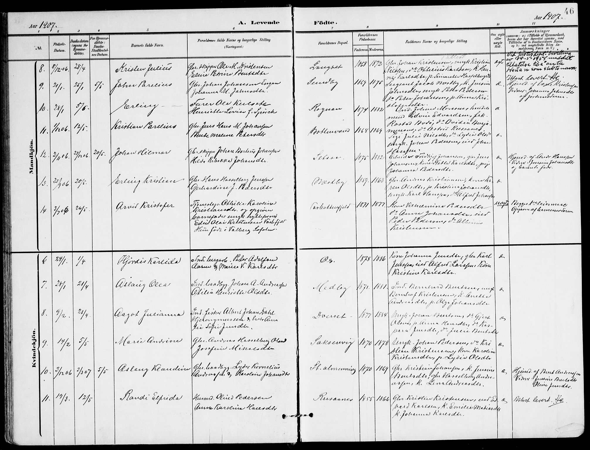 Ministerialprotokoller, klokkerbøker og fødselsregistre - Nordland, SAT/A-1459/847/L0672: Parish register (official) no. 847A12, 1902-1919, p. 46