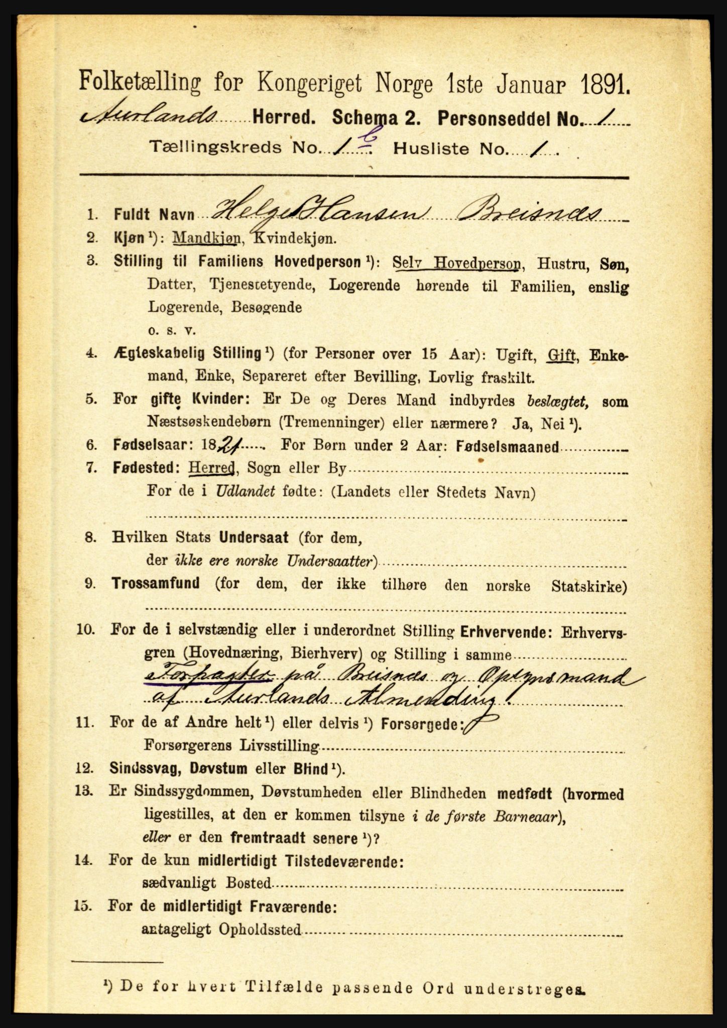 RA, 1891 census for 1421 Aurland, 1891, p. 154