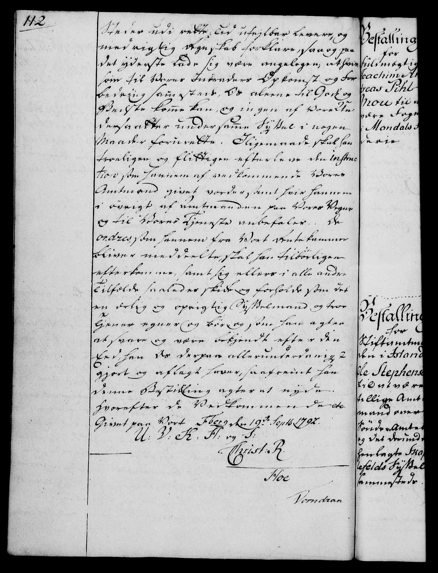 Rentekammeret, Kammerkanselliet, RA/EA-3111/G/Gg/Gge/L0006: Norsk bestallingsprotokoll med register (merket RK 53.30), 1773-1814, p. 112