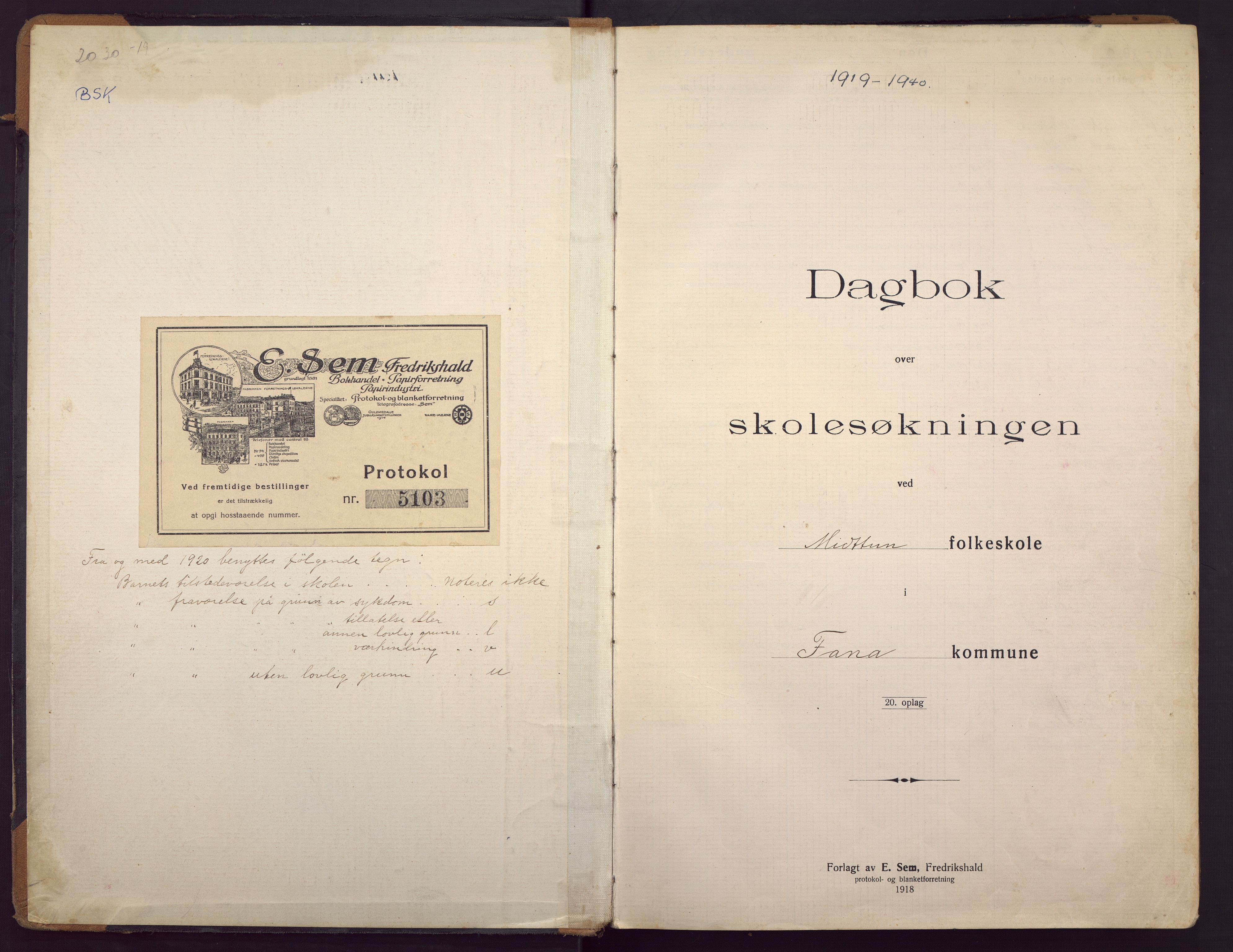 Midtun skole, BBA/A-2399/G/Ga/Gaa/L0010: Klassedagbok , 1919-1940