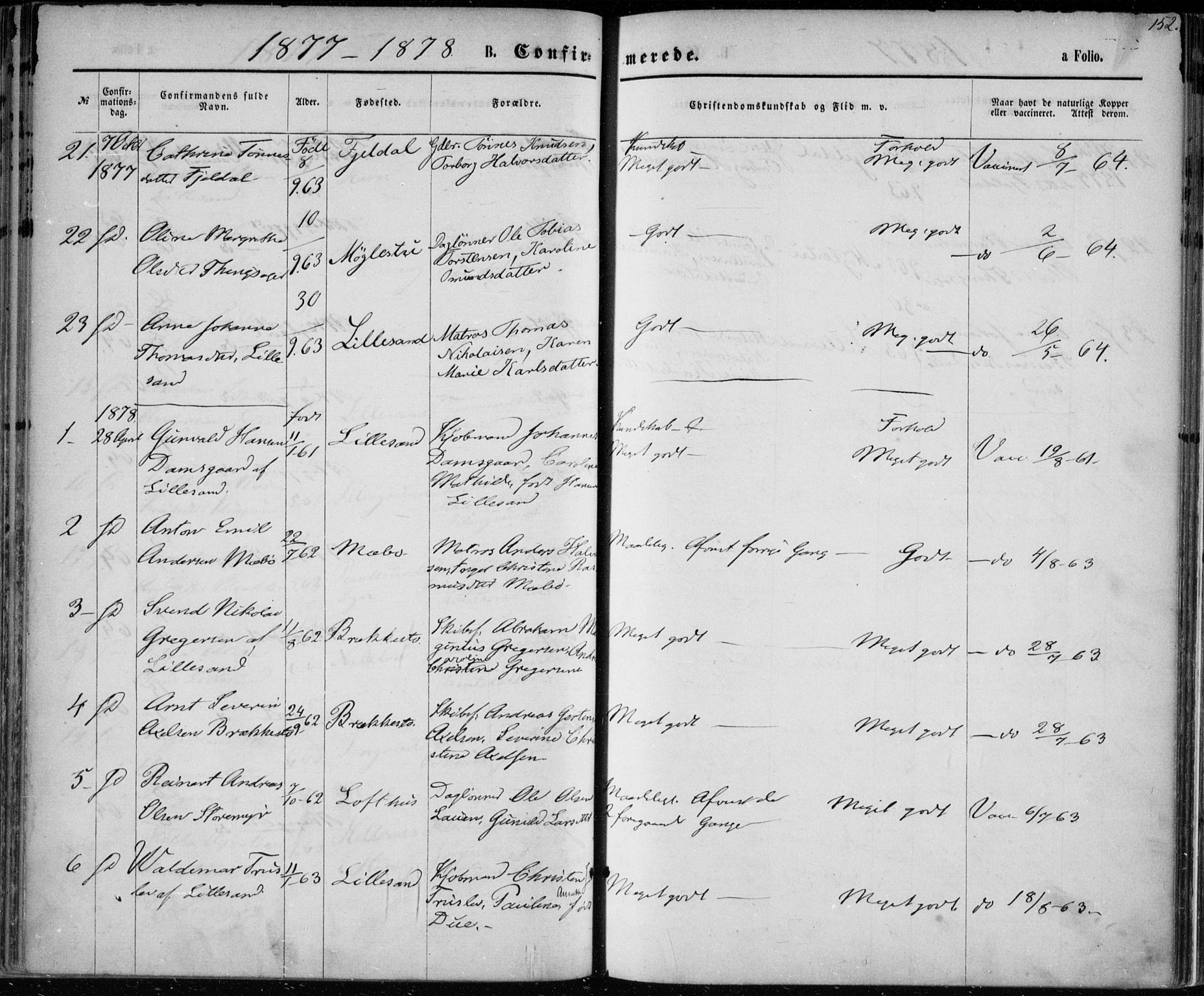 Vestre Moland sokneprestkontor, SAK/1111-0046/F/Fa/Fab/L0008: Parish register (official) no. A 8, 1873-1883, p. 152