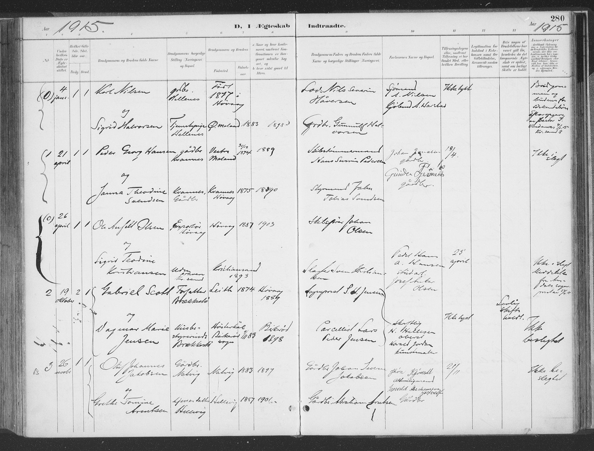 Høvåg sokneprestkontor, SAK/1111-0025/F/Fa/L0006: Parish register (official) no. A 6, 1894-1923, p. 280