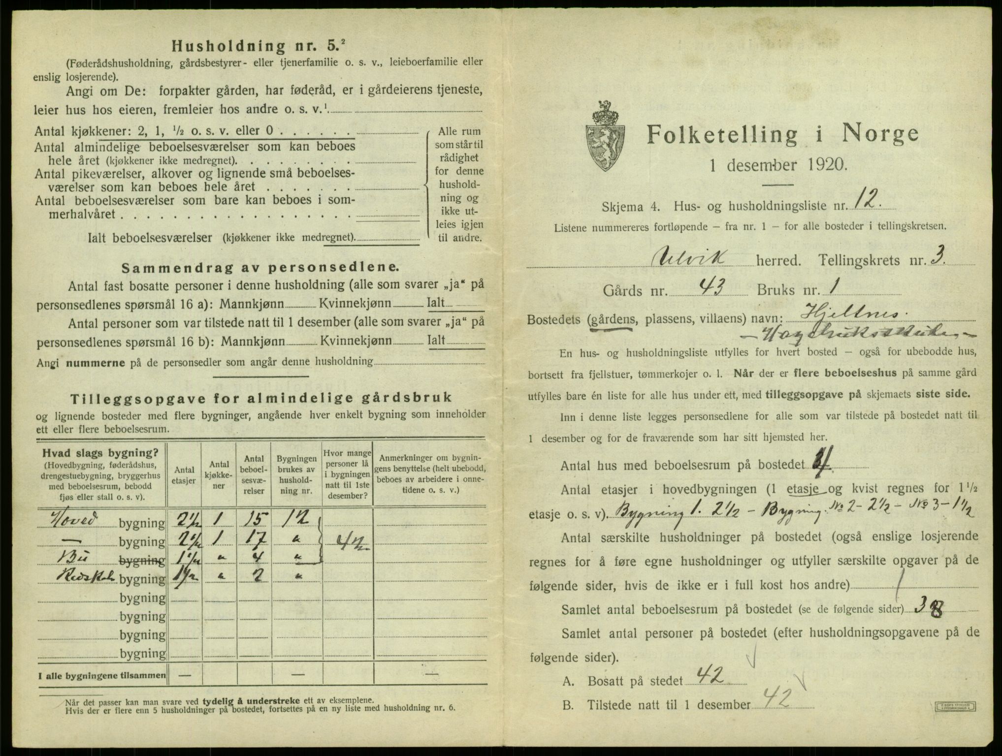 SAB, 1920 census for Ulvik, 1920, p. 37