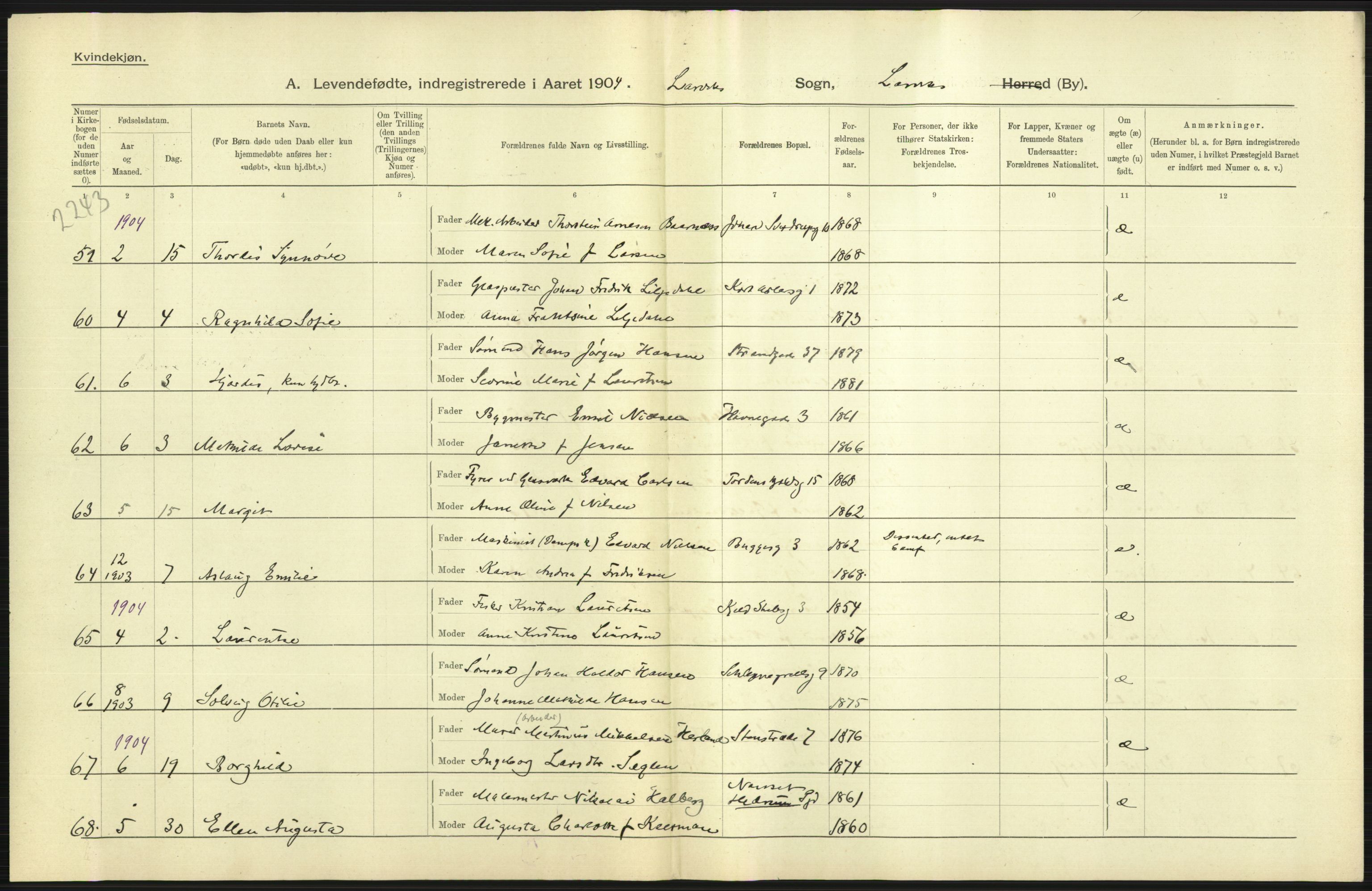 Statistisk sentralbyrå, Sosiodemografiske emner, Befolkning, AV/RA-S-2228/D/Df/Dfa/Dfab/L0008: Jarlsberg og Larvig amt: Fødte, gifte, døde, 1904, p. 273