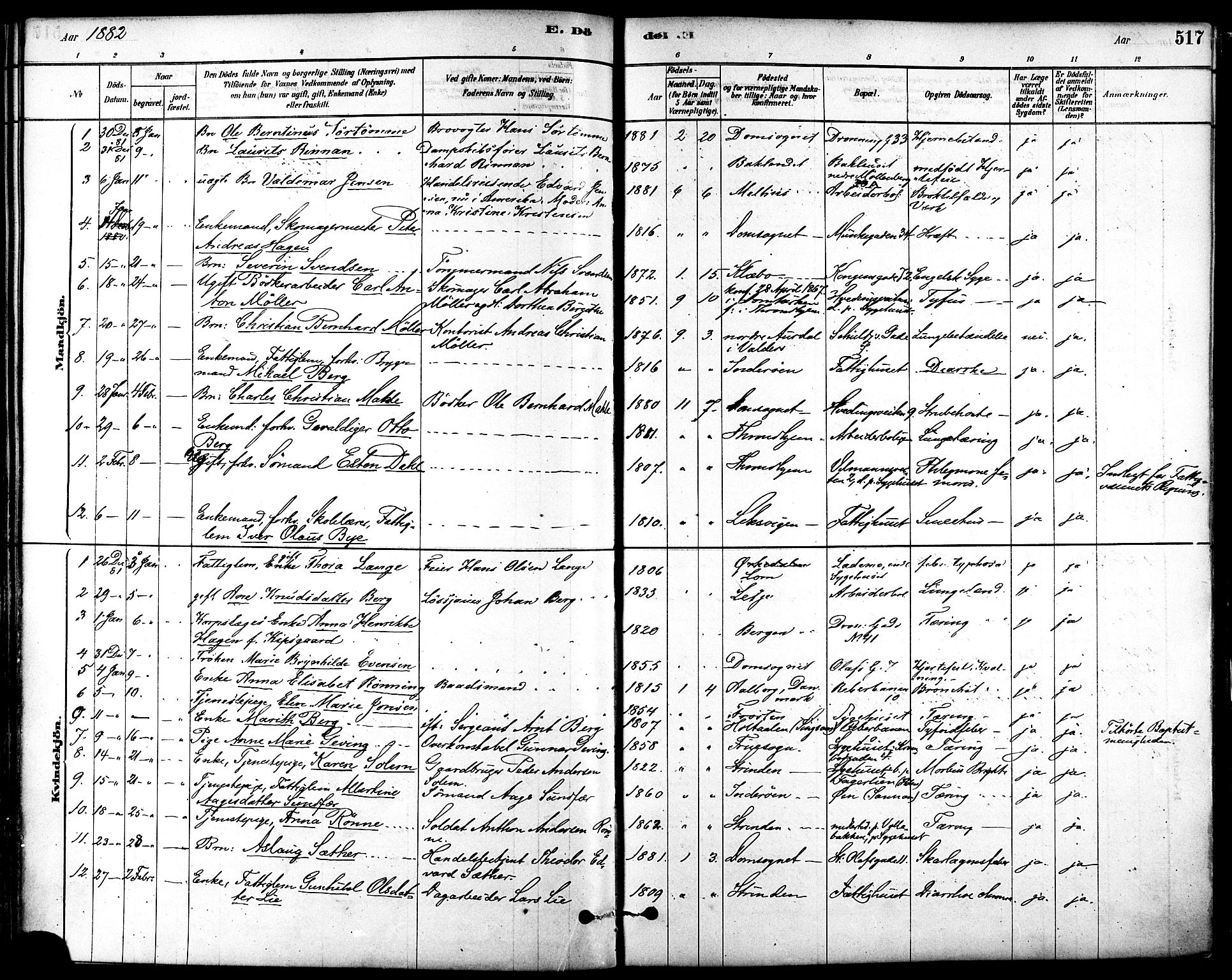 Ministerialprotokoller, klokkerbøker og fødselsregistre - Sør-Trøndelag, SAT/A-1456/601/L0058: Parish register (official) no. 601A26, 1877-1891, p. 517
