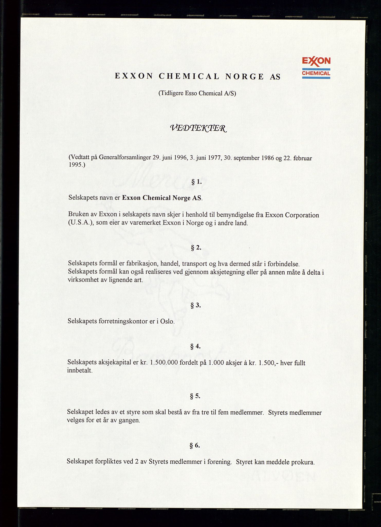 PA 1538 - Exxon Chemical Norge A/S, AV/SAST-A-101958/A/Aa/L0001/0002: Generalforsamlinger og styreprotokoller / Protokoll for generalforsamlinger, 1966-1996