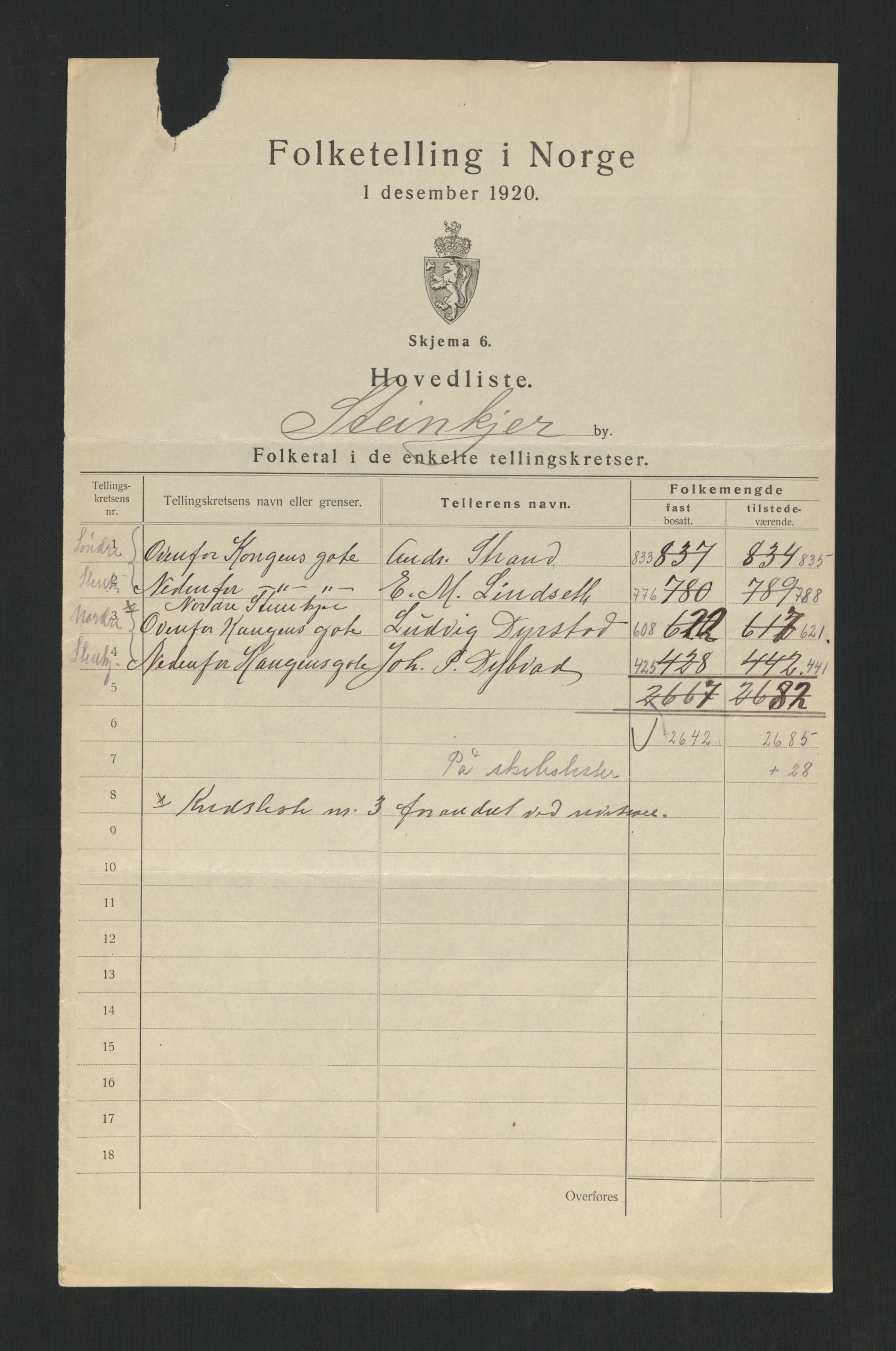 SAT, 1920 census for Steinkjer, 1920, p. 4