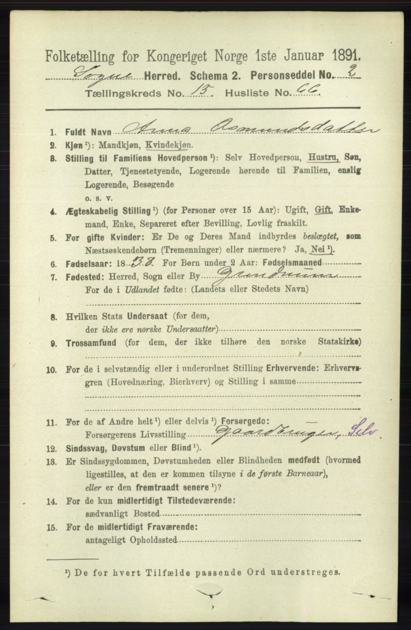 RA, 1891 census for 1018 Søgne, 1891, p. 4215