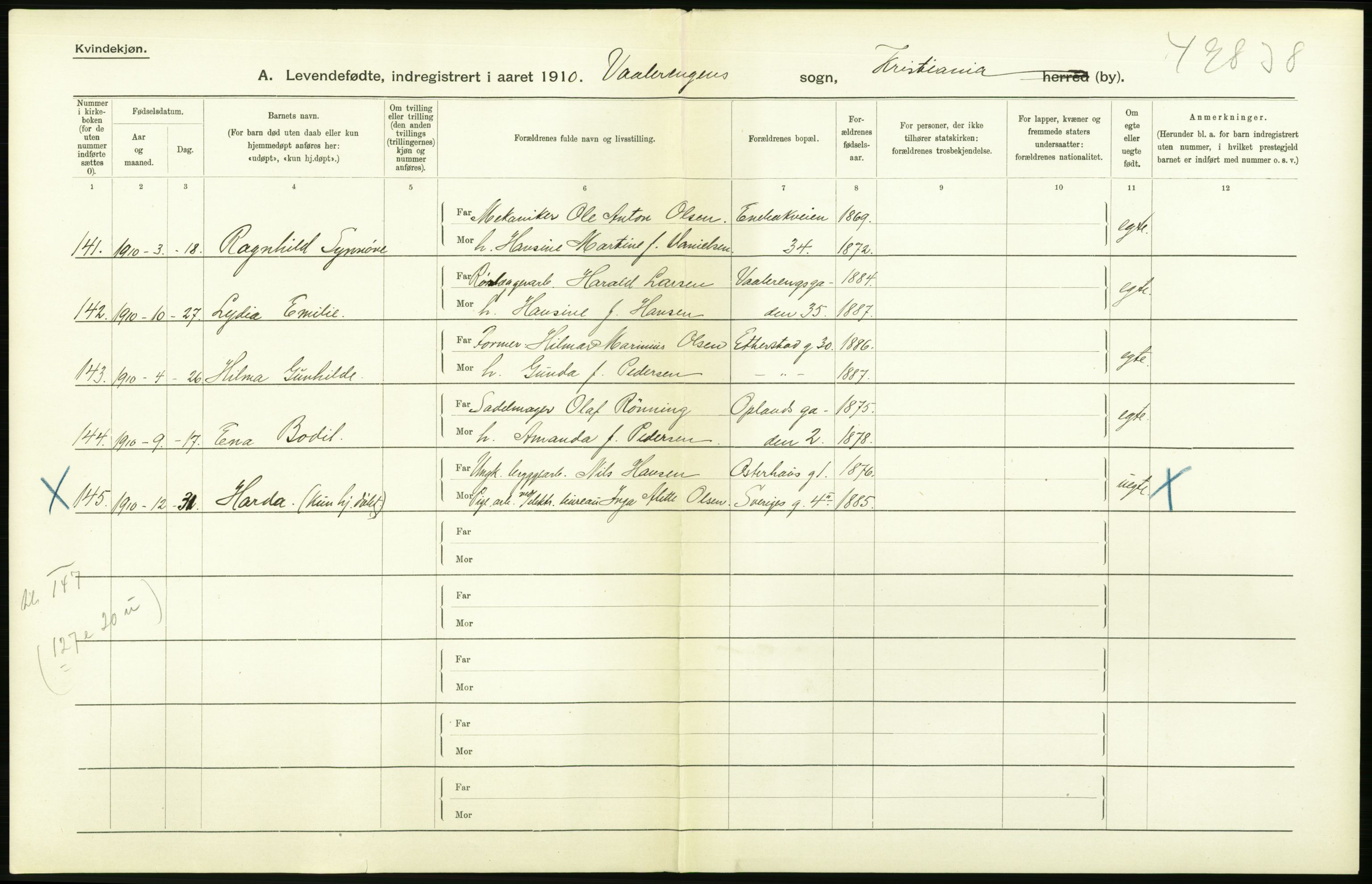 Statistisk sentralbyrå, Sosiodemografiske emner, Befolkning, RA/S-2228/D/Df/Dfa/Dfah/L0007: Kristiania: Levendefødte kvinner., 1910, p. 102