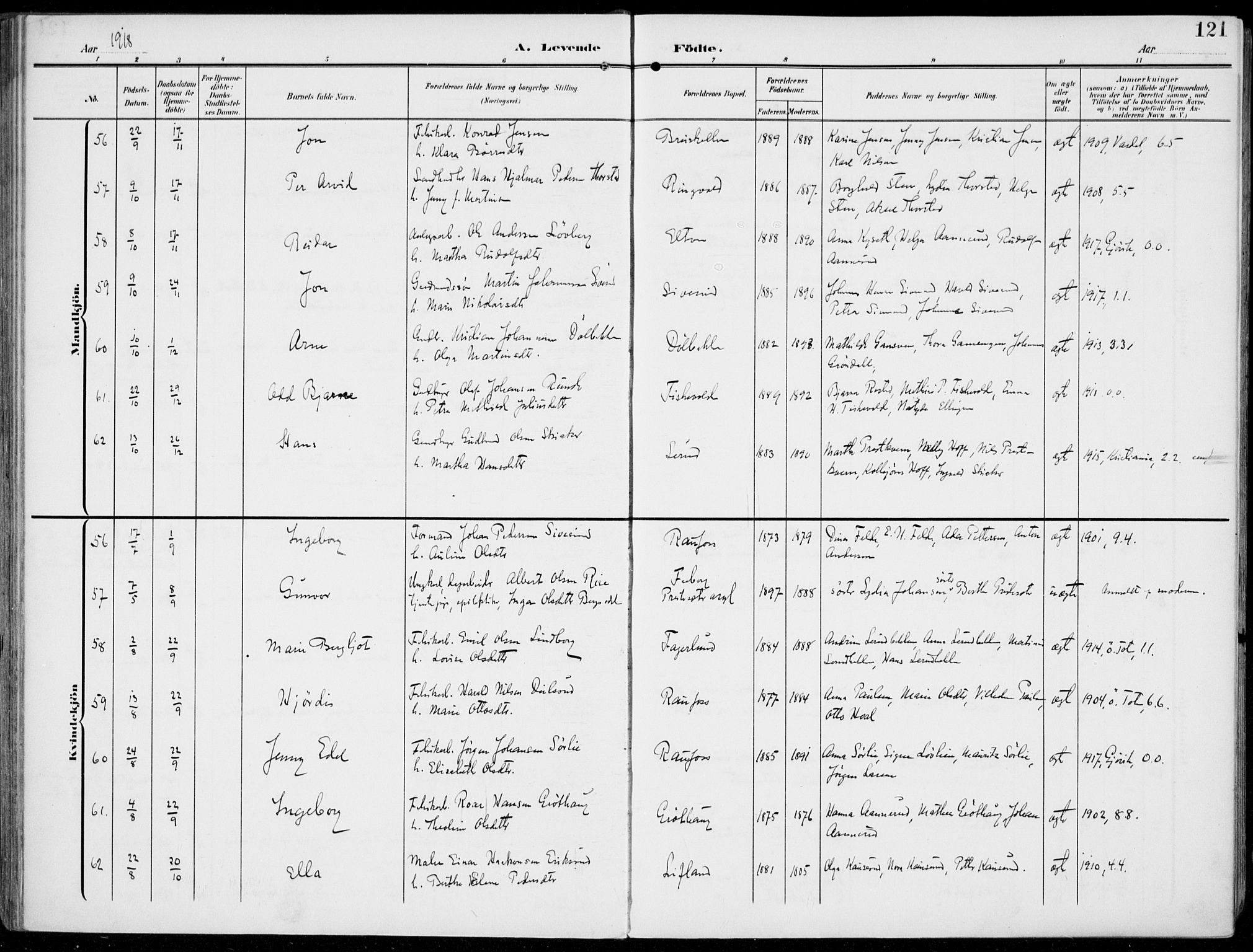 Vestre Toten prestekontor, SAH/PREST-108/H/Ha/Haa/L0014: Parish register (official) no. 14, 1907-1920, p. 121