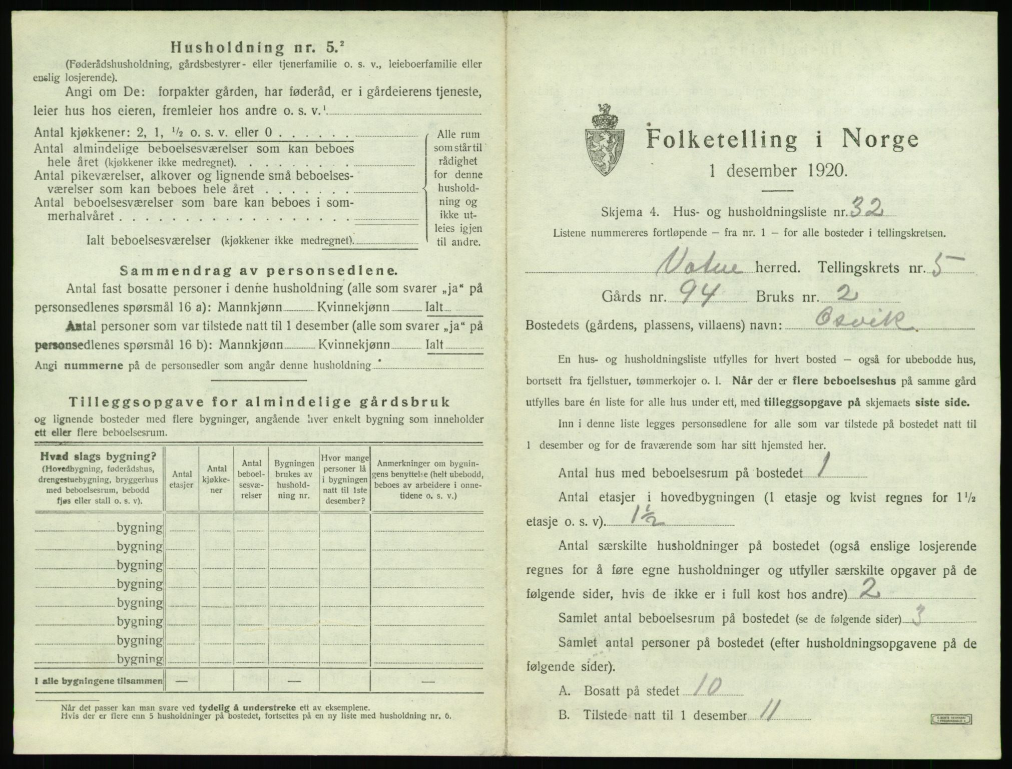 SAT, 1920 census for Vatne, 1920, p. 354