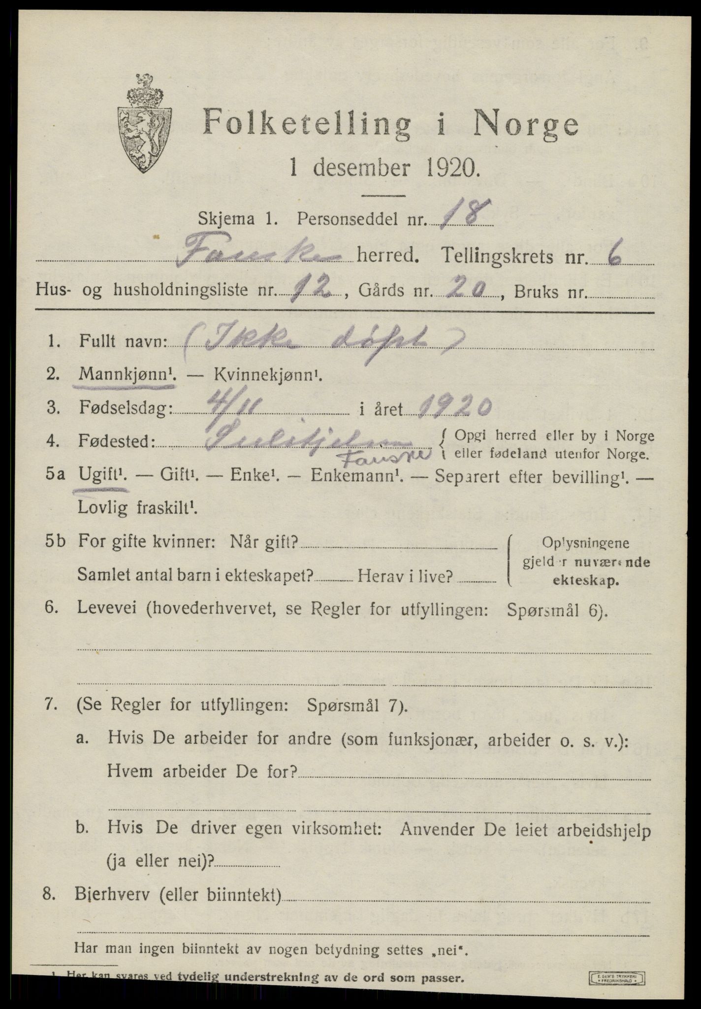 SAT, 1920 census for Fauske, 1920, p. 5654