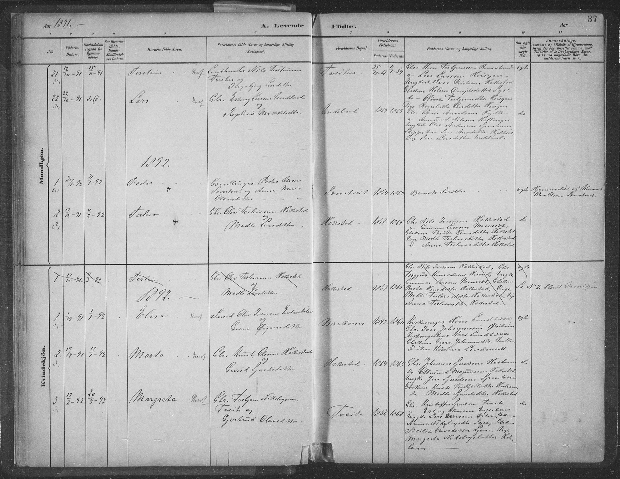 Ulvik sokneprestembete, AV/SAB-A-78801/H/Hab: Parish register (copy) no. A 3, 1883-1908, p. 37