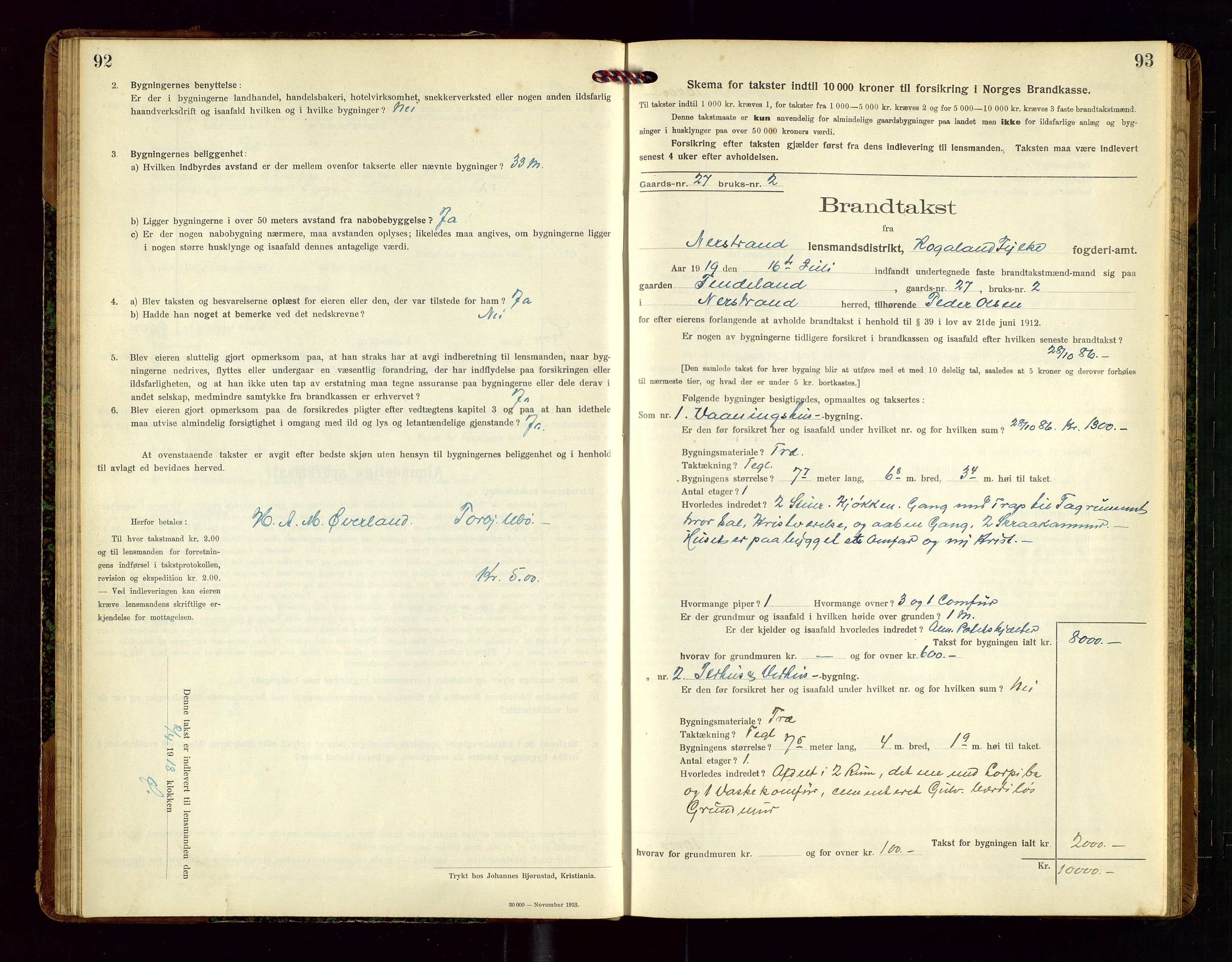 Nedstrand lensmannskontor, SAST/A-100236/Gob/L0002: "Brandtakstprotokol for Nerstrand lensmandsdistrikt Rogaland Fylke", 1916-1949, p. 92-93