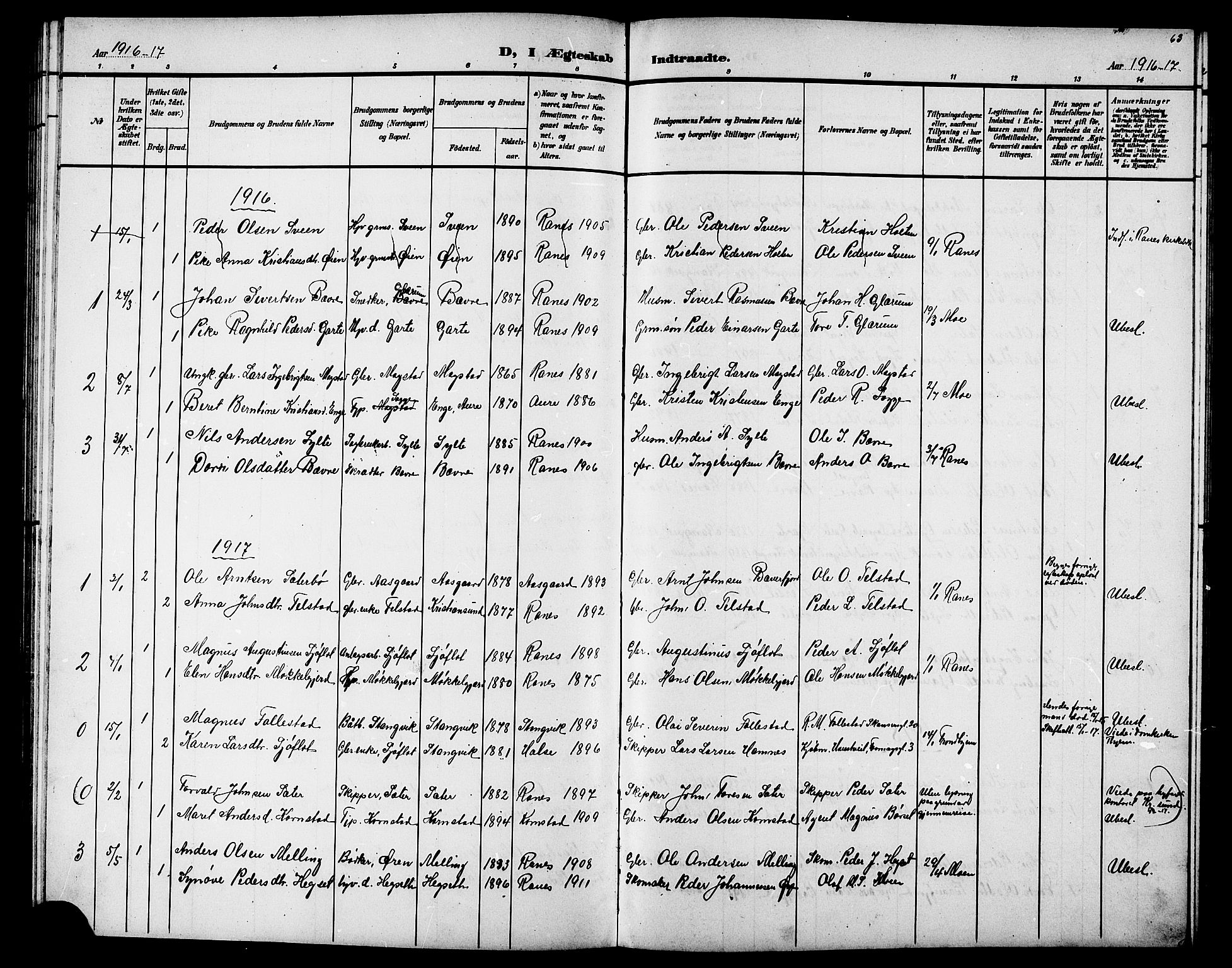 Ministerialprotokoller, klokkerbøker og fødselsregistre - Møre og Romsdal, AV/SAT-A-1454/595/L1053: Parish register (copy) no. 595C05, 1901-1919, p. 63