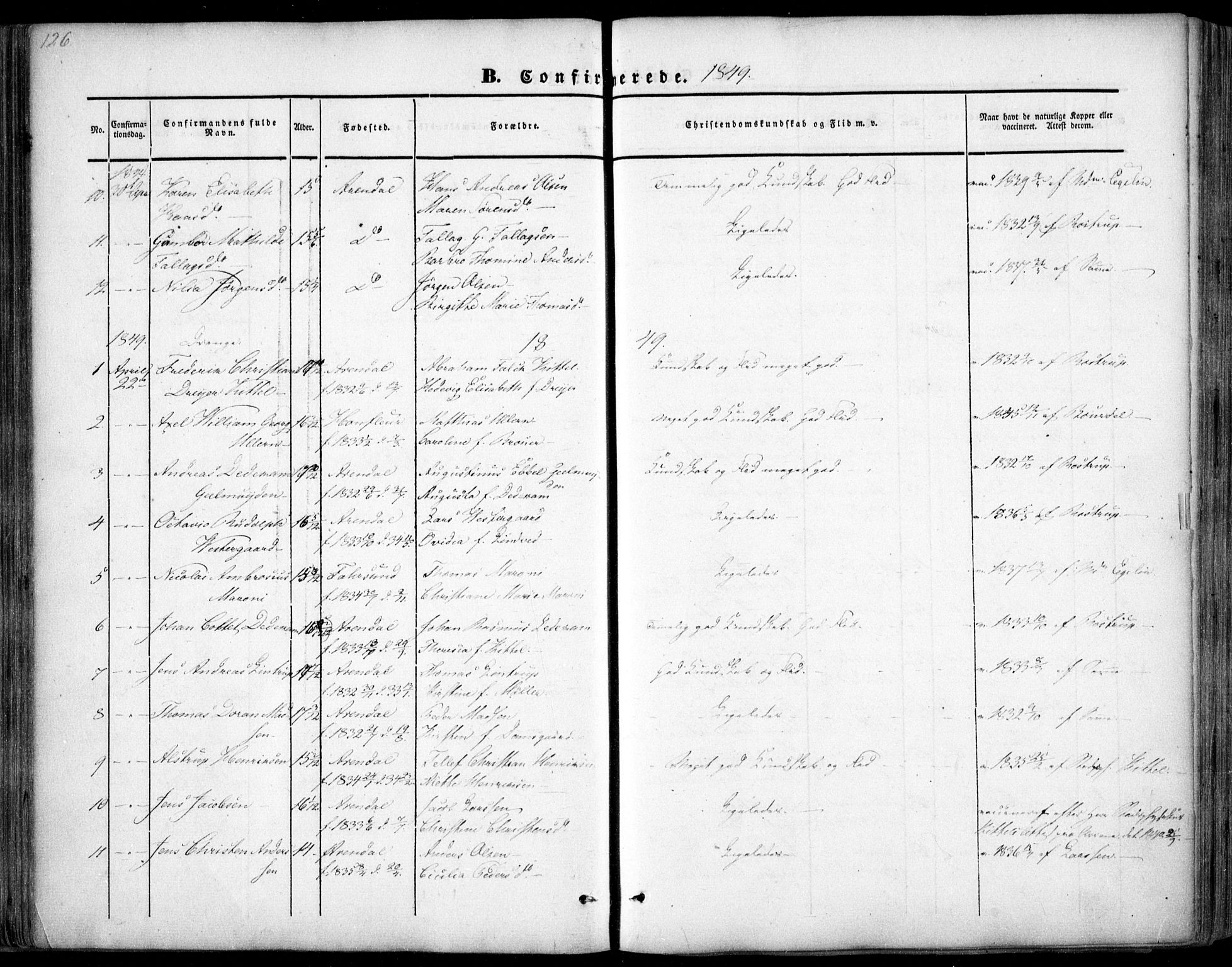 Arendal sokneprestkontor, Trefoldighet, SAK/1111-0040/F/Fa/L0005: Parish register (official) no. A 5, 1838-1854, p. 126