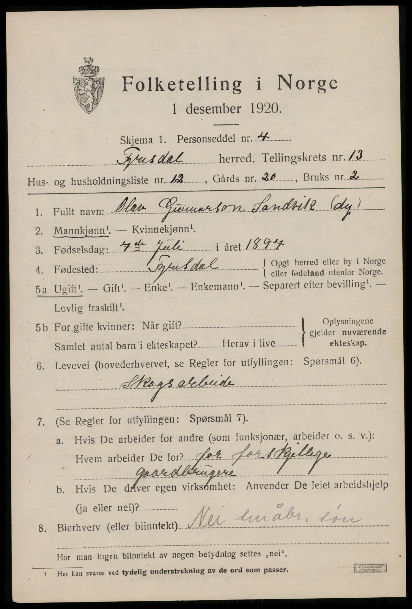 SAKO, 1920 census for Fyresdal, 1920, p. 4369