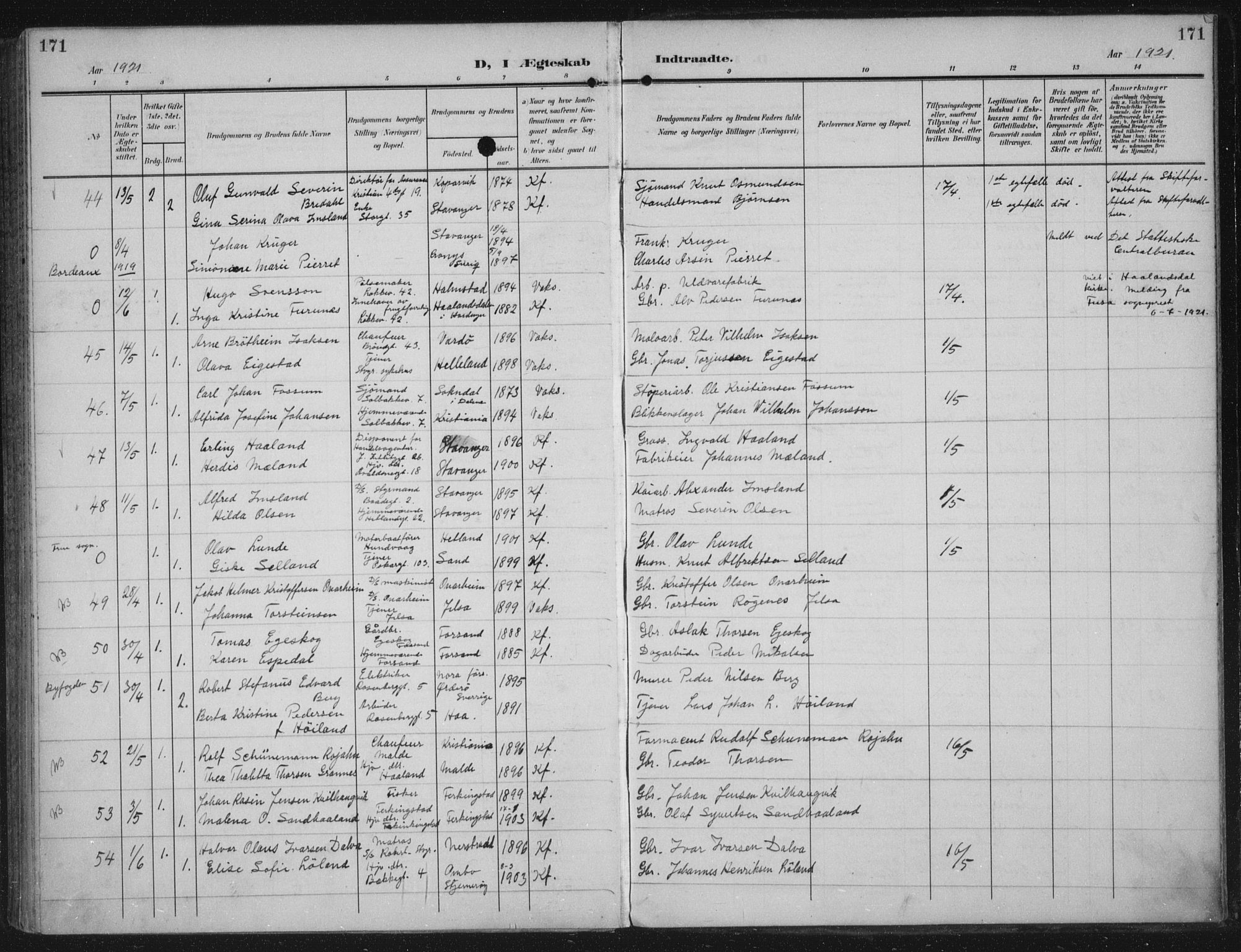 Domkirken sokneprestkontor, AV/SAST-A-101812/002/A/L0016: Parish register (official) no. A 33, 1905-1922, p. 171