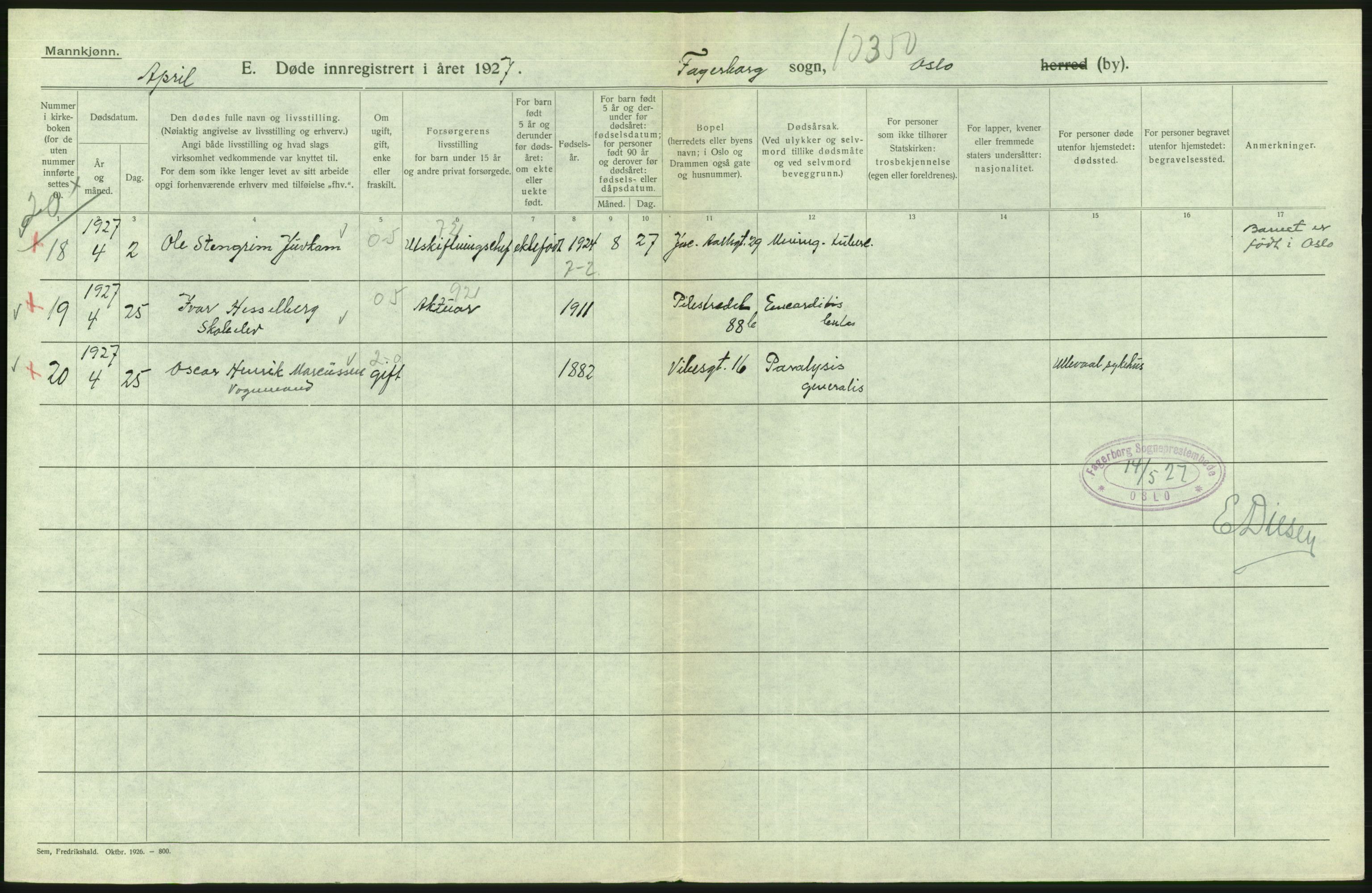 Statistisk sentralbyrå, Sosiodemografiske emner, Befolkning, AV/RA-S-2228/D/Df/Dfc/Dfcg/L0009: Oslo: Døde menn, 1927, p. 172