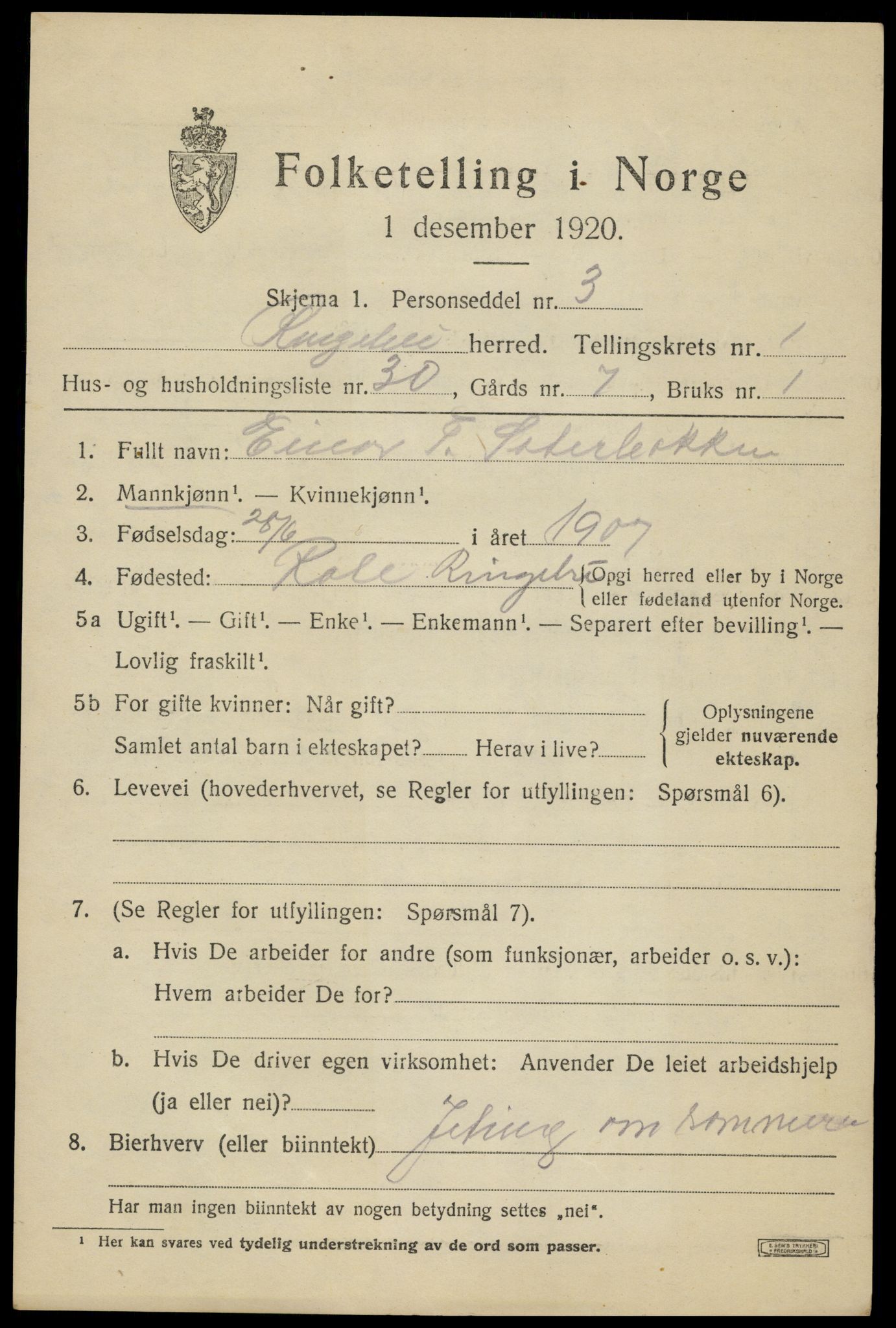 SAH, 1920 census for Ringebu, 1920, p. 1907