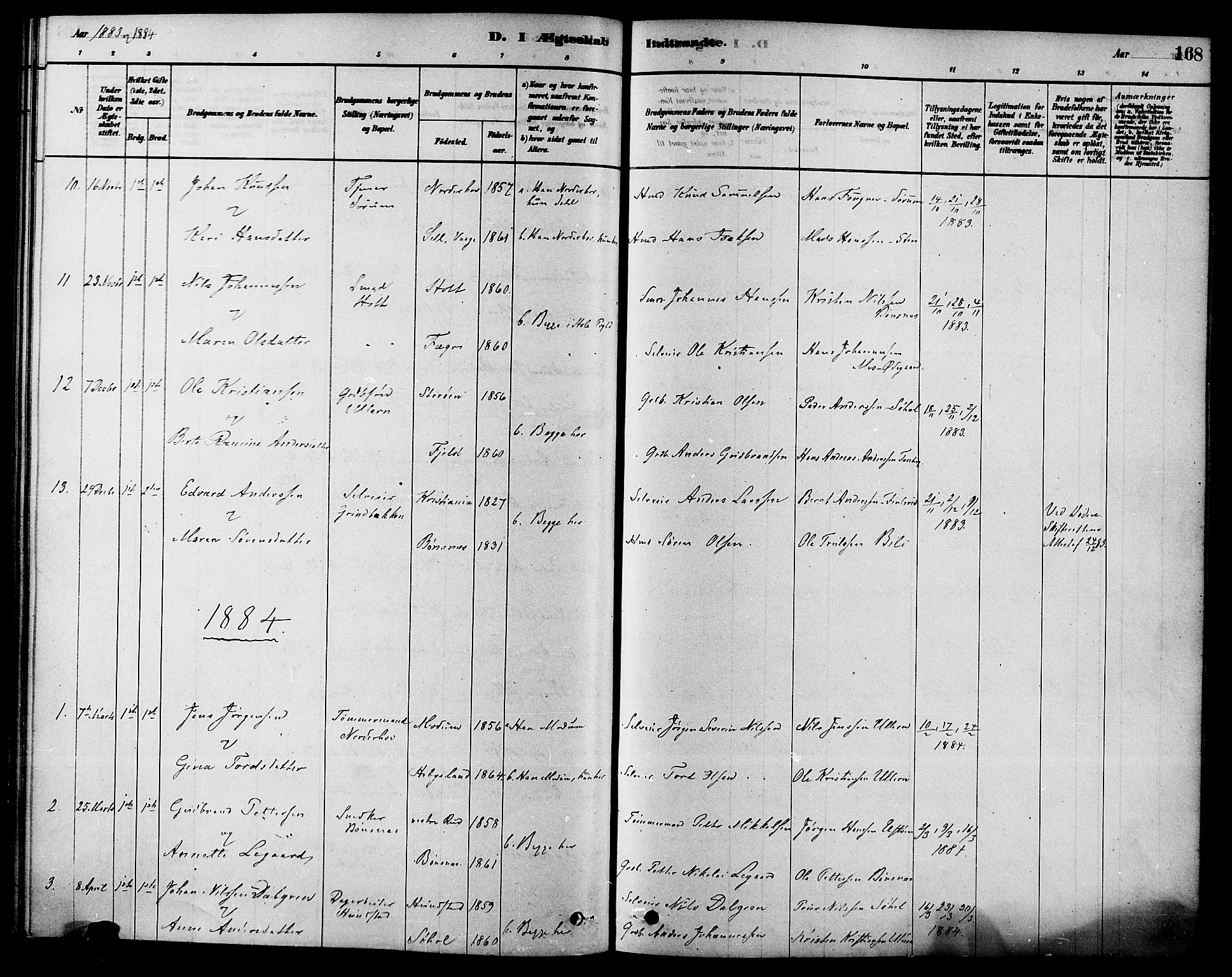 Hole kirkebøker, SAKO/A-228/F/Fa/L0008: Parish register (official) no. I 8, 1878-1891, p. 168