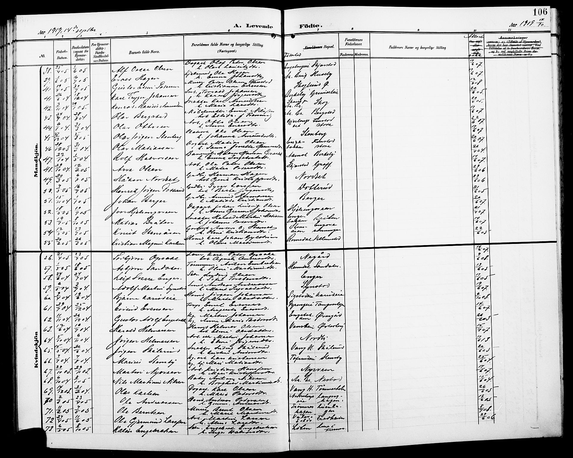 Løten prestekontor, SAH/PREST-022/L/La/L0007: Parish register (copy) no. 7, 1910-1919, p. 106