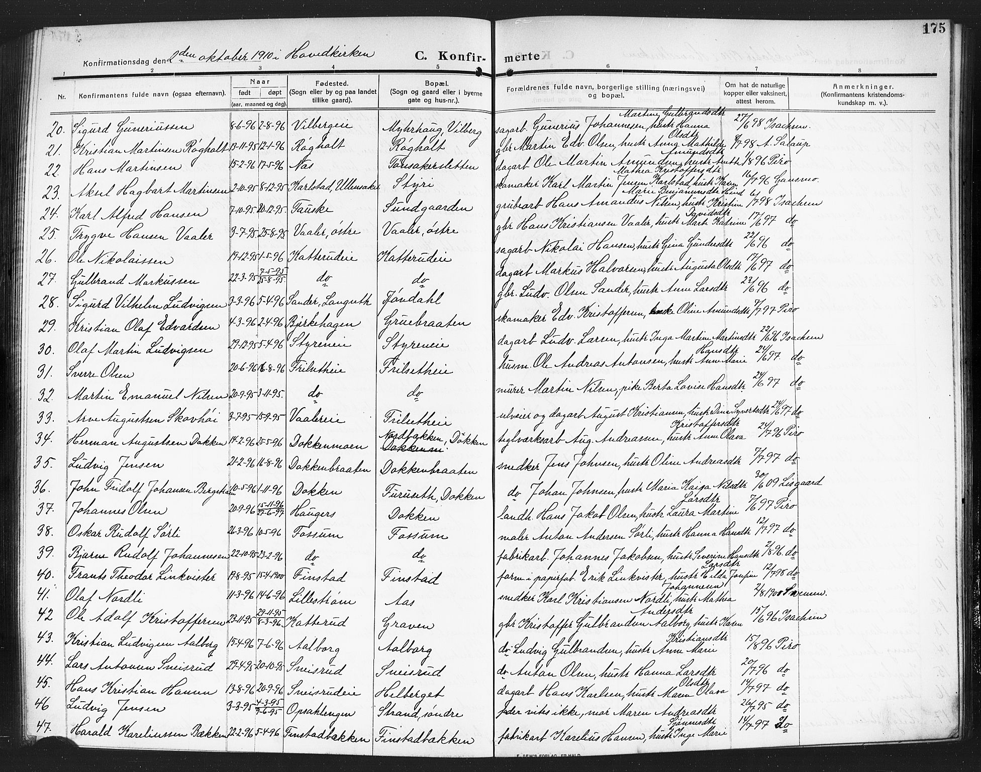 Eidsvoll prestekontor Kirkebøker, SAO/A-10888/G/Ga/L0008: Parish register (copy) no. I 8, 1909-1918, p. 175